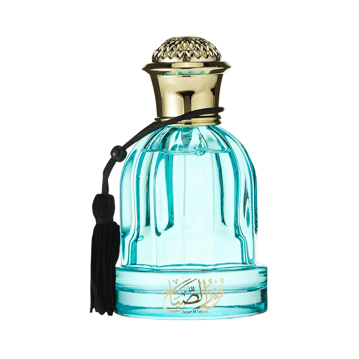 Frasco do perfume árabe Noor Al Sabah Al Wataniah Eau de Parfum, disponível na Velyre, com corpo de vidro transparente e líquido azul-turquesa, formato abaulado com ranhuras verticais, tampa dourada ornamentada e detalhe de borla preta lateral.