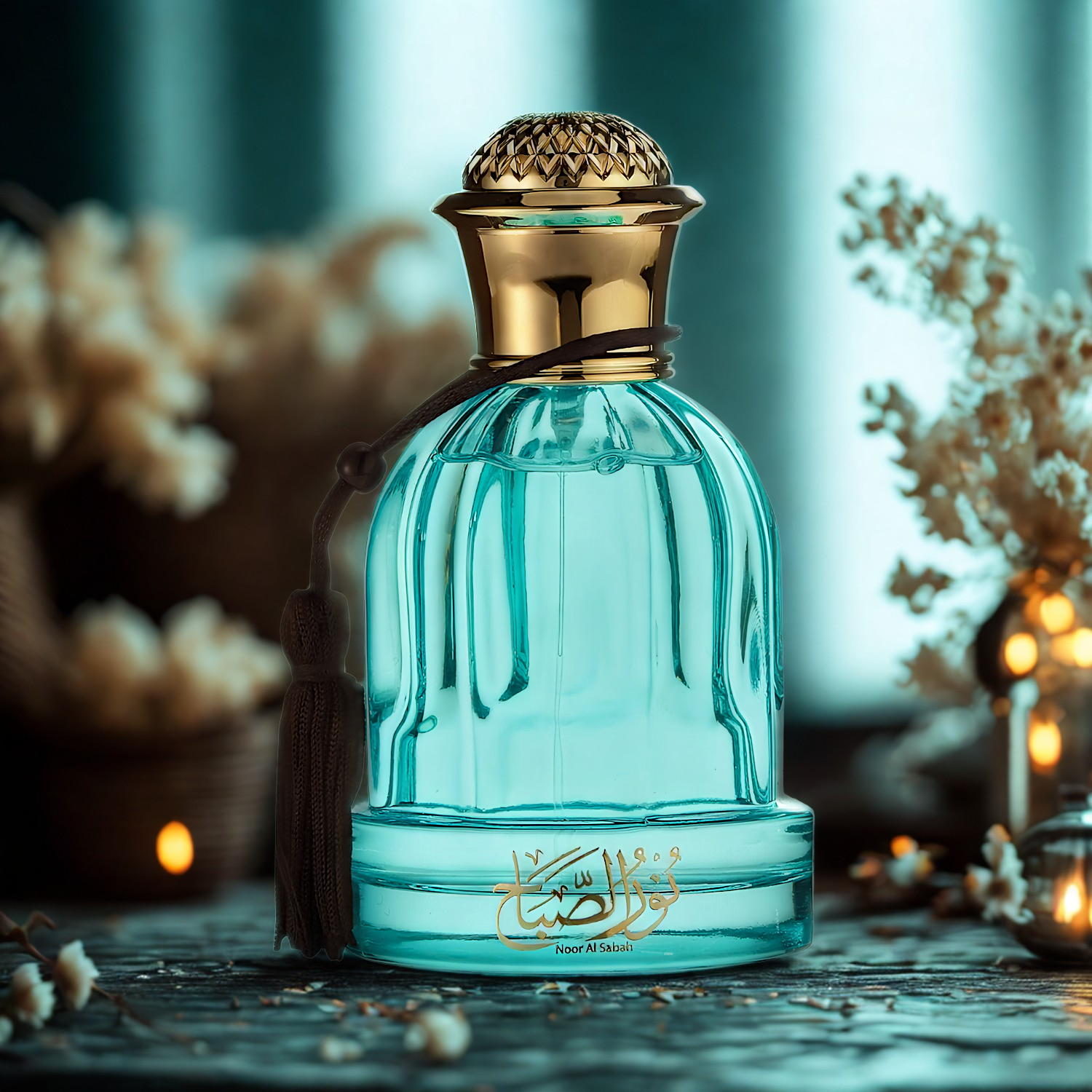 Perfume árabe Noor Al Sabah Al Wataniah, disponível na Velyre, em destaque em ambiente aconchegante com luzes douradas suaves e elementos botânicos secos ao fundo, transmitindo serenidade e calor.