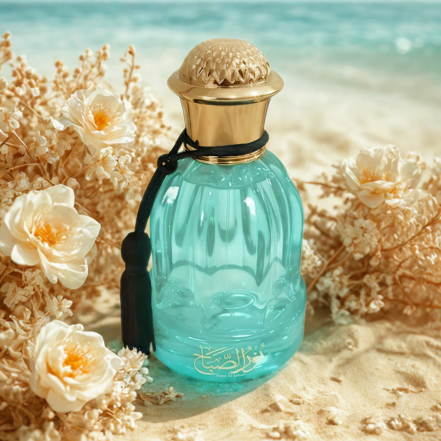 Perfume árabe Noor Al Sabah Al Wataniah, disponível na Velyre, posicionado na areia da praia, cercado por flores brancas e plantas secas, com o mar ao fundo, evocando frescor leve e toque costeiro.