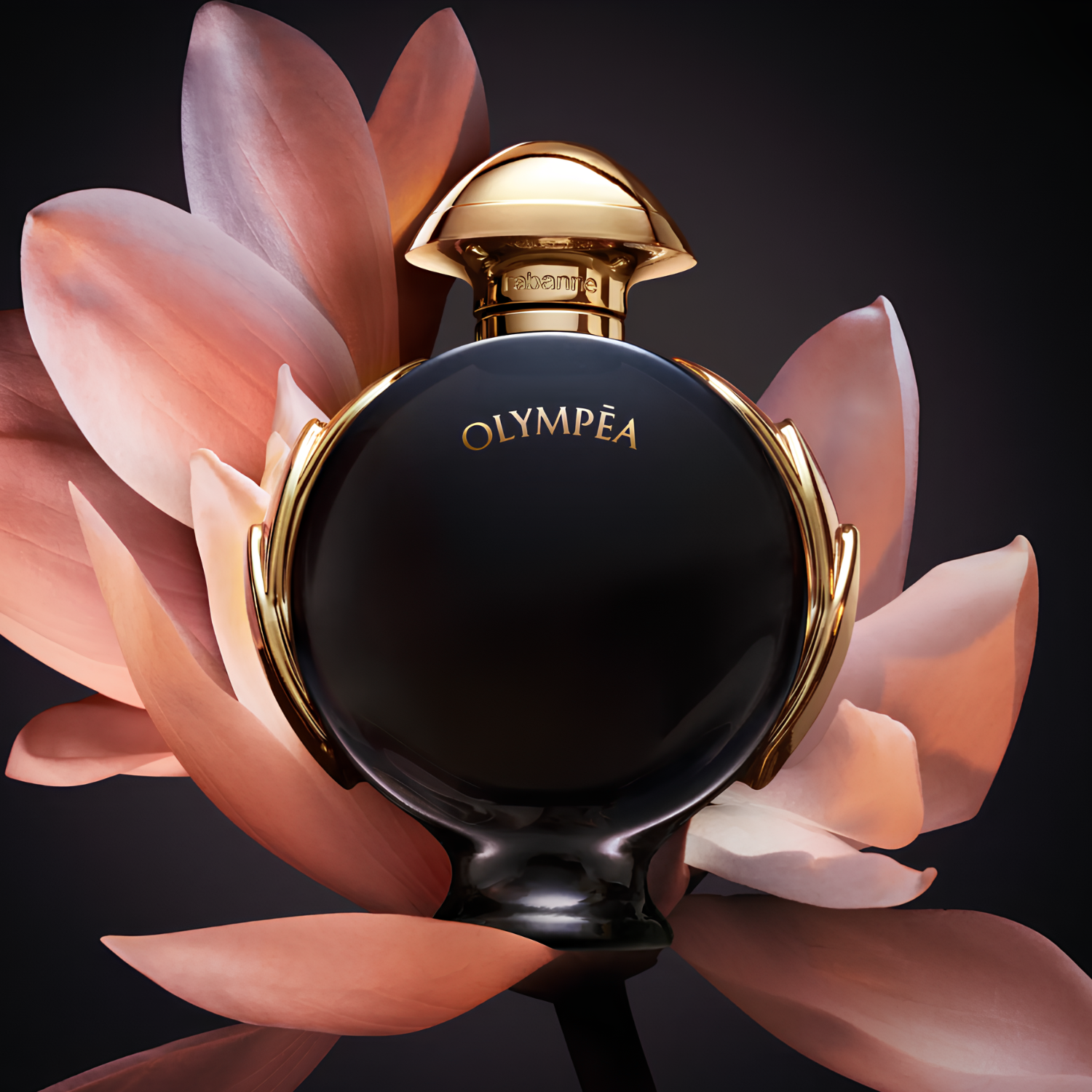 Perfume importado feminino Olympéa Parfum Rabanne em destaque contra grandes pétalas de flor em tons claros, evocando uma sensação de poder feminino e delicadeza floral, disponível na Velyre.
