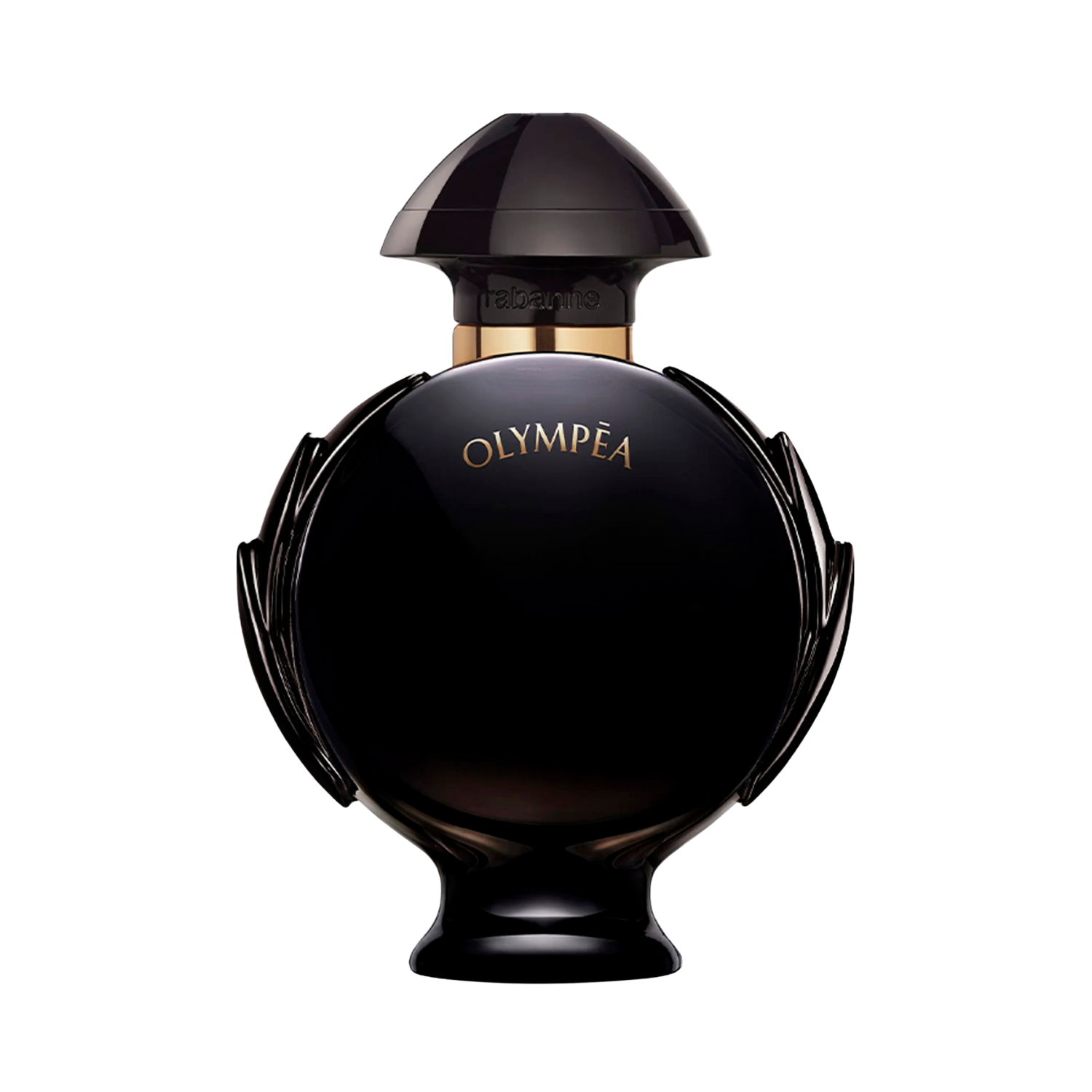 Frasco do perfume importado feminino Olympéa Parfum Rabanne Eau de Parfum com formato arredondado em vidro preto brilhante, detalhes laterais e tampa preta, e o nome "OLYMPÉA" gravado em dourado na frente, disponível na Velyre.