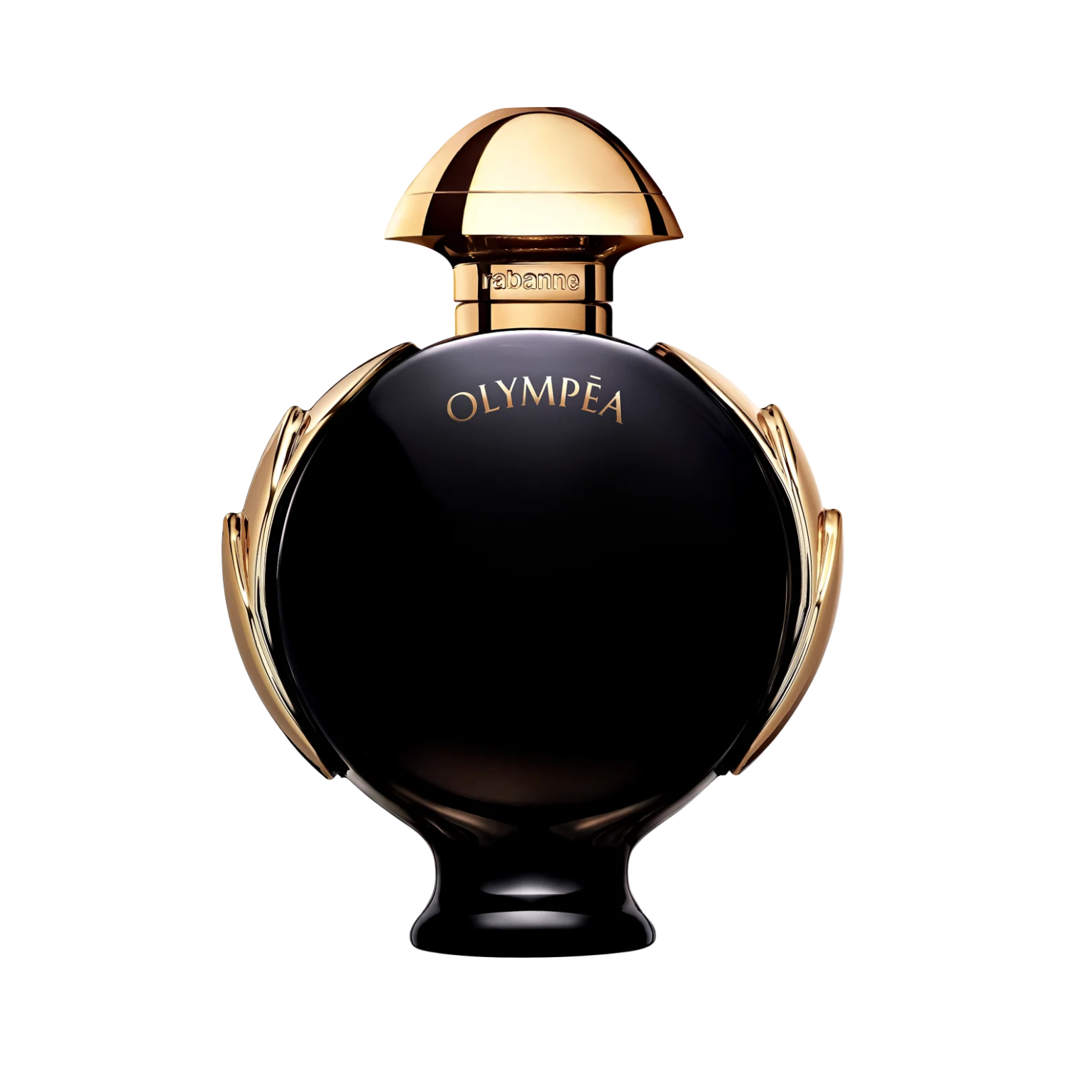 Frasco do perfume importado feminino Olympéa Parfum Rabanne Eau de Parfum com formato arredondado em vidro preto brilhante, detalhes laterais e tampa em metal dourado, e o nome "OLYMPÉA" gravado em dourado na frente, disponível na Velyre.