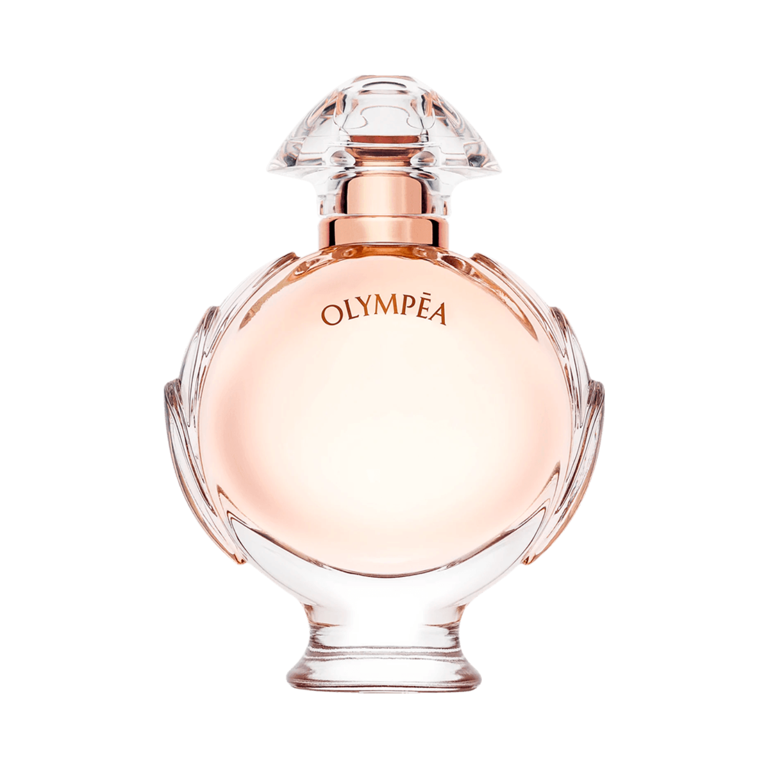Frasco do perfume importado feminino Olympéa Rabanne Eau de Parfum com formato arredondado em vidro transparente, líquido rosado, detalhes laterais e tampa em metal rosé, e o nome "OLYMPÉA" gravado em rosé na frente, disponível na Velyre.