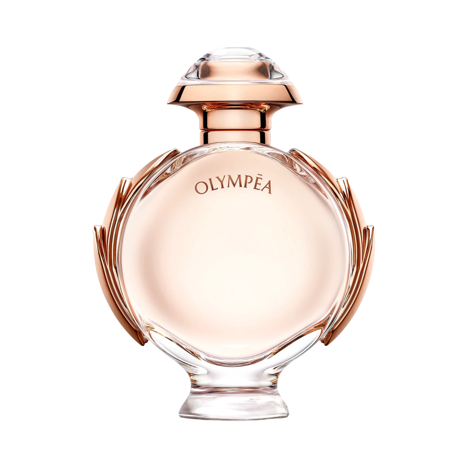 Frasco do perfume importado feminino Olympéa Rabanne Eau de Parfum com formato arredondado em vidro transparente, líquido rosado, detalhes laterais e tampa em metal rosé, e o nome "OLYMPÉA" gravado em rosé na frente, disponível na Velyre.