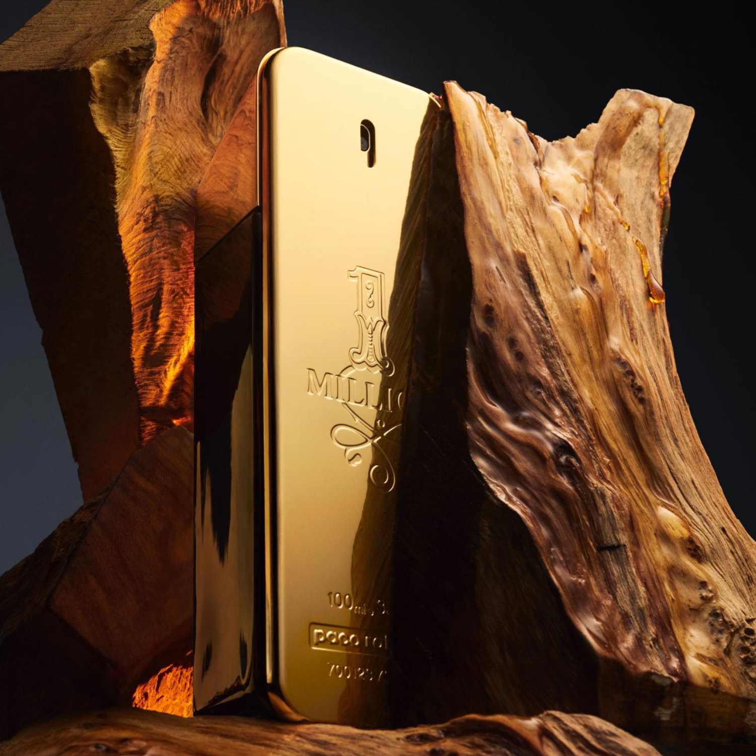 Perfume importado masculino One Million Rabanne posicionado entre pedaços de madeira clara com textura marcante, sugerindo as notas amadeiradas e a sofisticação rústica da fragrância, disponível na Velyre.