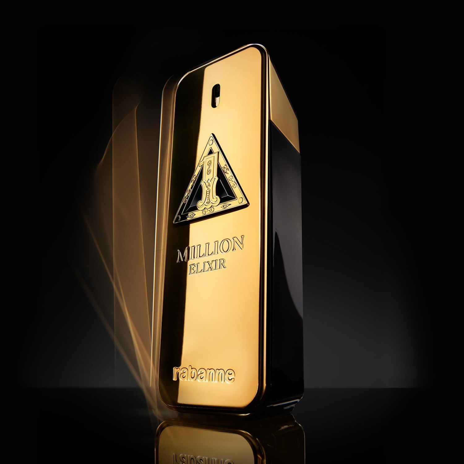 Perfume importado masculino One Million Elixir Rabanne com um rastro de luzes douradas em movimento ao redor, enfatizando a intensidade e o poder da fragrância, disponível na Velyre.
