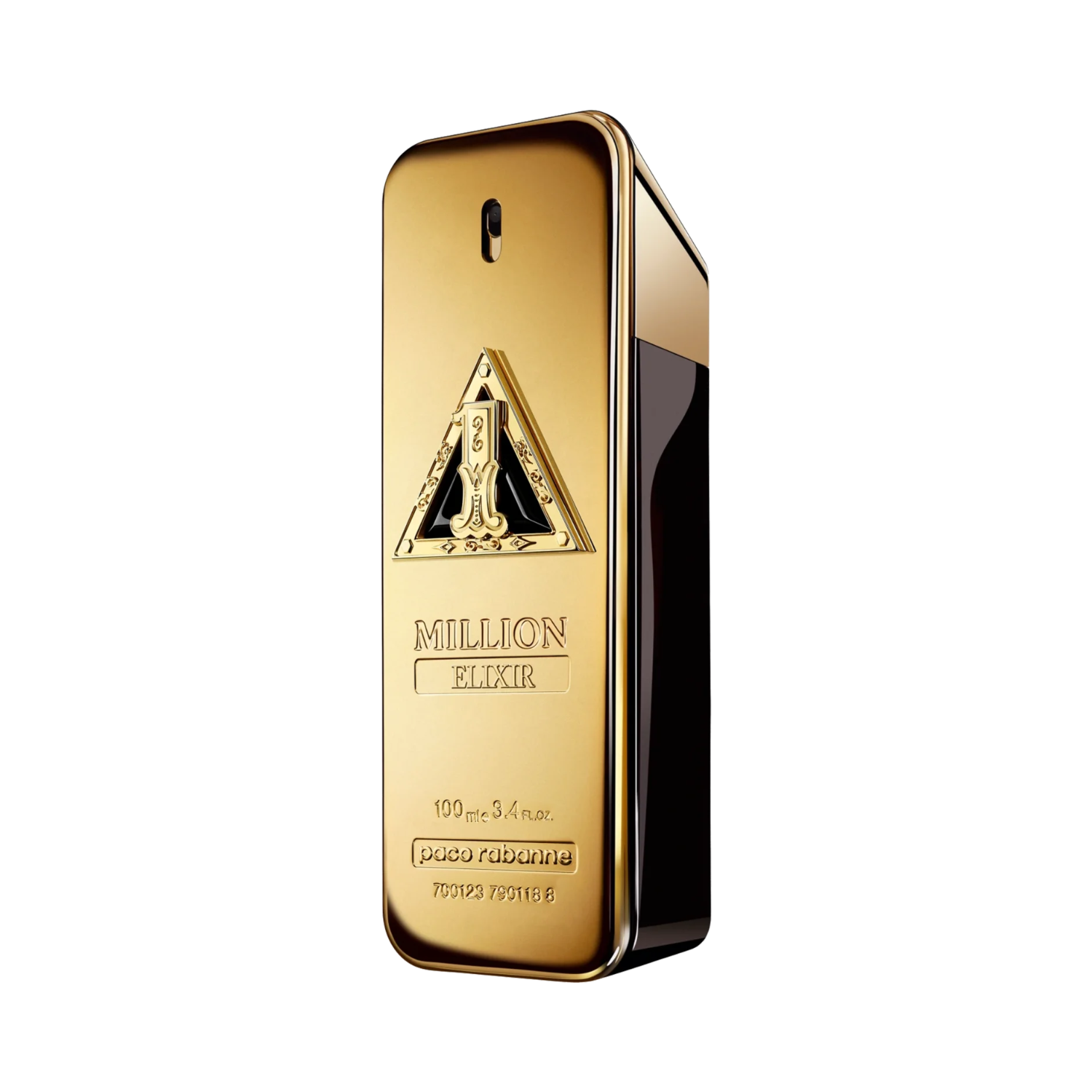 Frasco do perfume importado masculino One Million Elixir Rabanne Eau de Parfum com design de barra de ouro vertical, superfície dourada brilhante com detalhes gravados, incluindo um símbolo em forma de triângulo com o número "1" estilizado e as palavras "MILLION ELIXIR", disponível na Velyre.