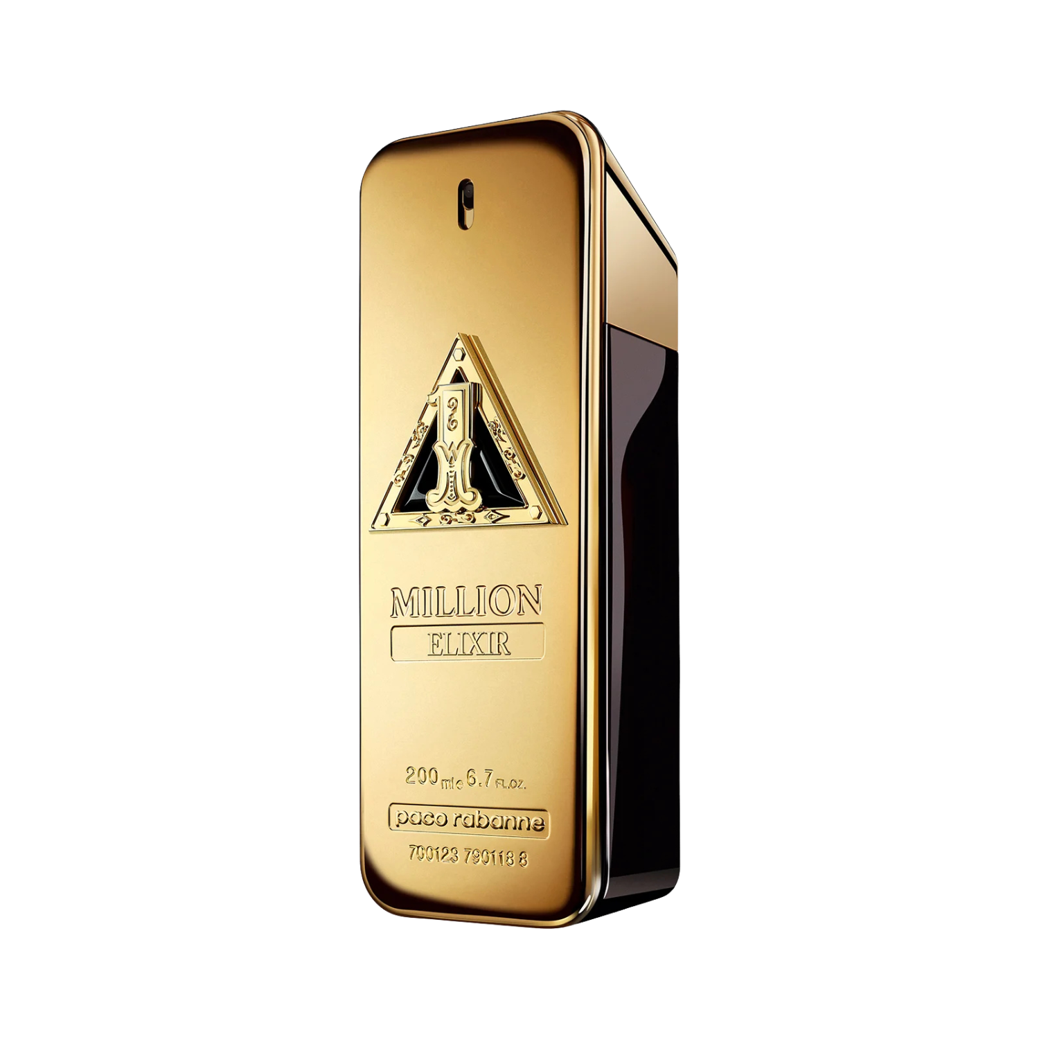 Frasco do perfume importado masculino One Million Elixir Rabanne Eau de Parfum 200ml com design de barra de ouro vertical, superfície dourada brilhante com detalhes gravados, incluindo um símbolo em forma de triângulo com o número "1" estilizado e as palavras "MILLION ELIXIR", disponível na Velyre.