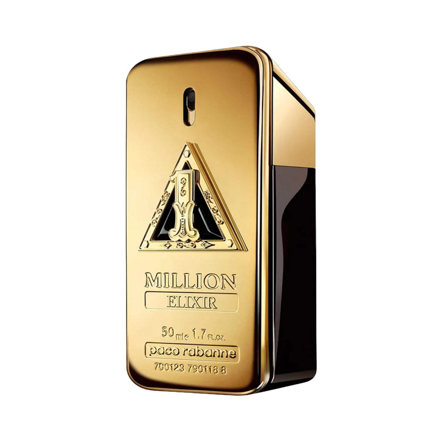 Frasco do perfume importado masculino One Million Elixir Rabanne Eau de Parfum 50ml com design de barra de ouro vertical, superfície dourada brilhante com detalhes gravados, incluindo um símbolo em forma de triângulo com o número "1" estilizado e as palavras "MILLION ELIXIR", disponível na Velyre.