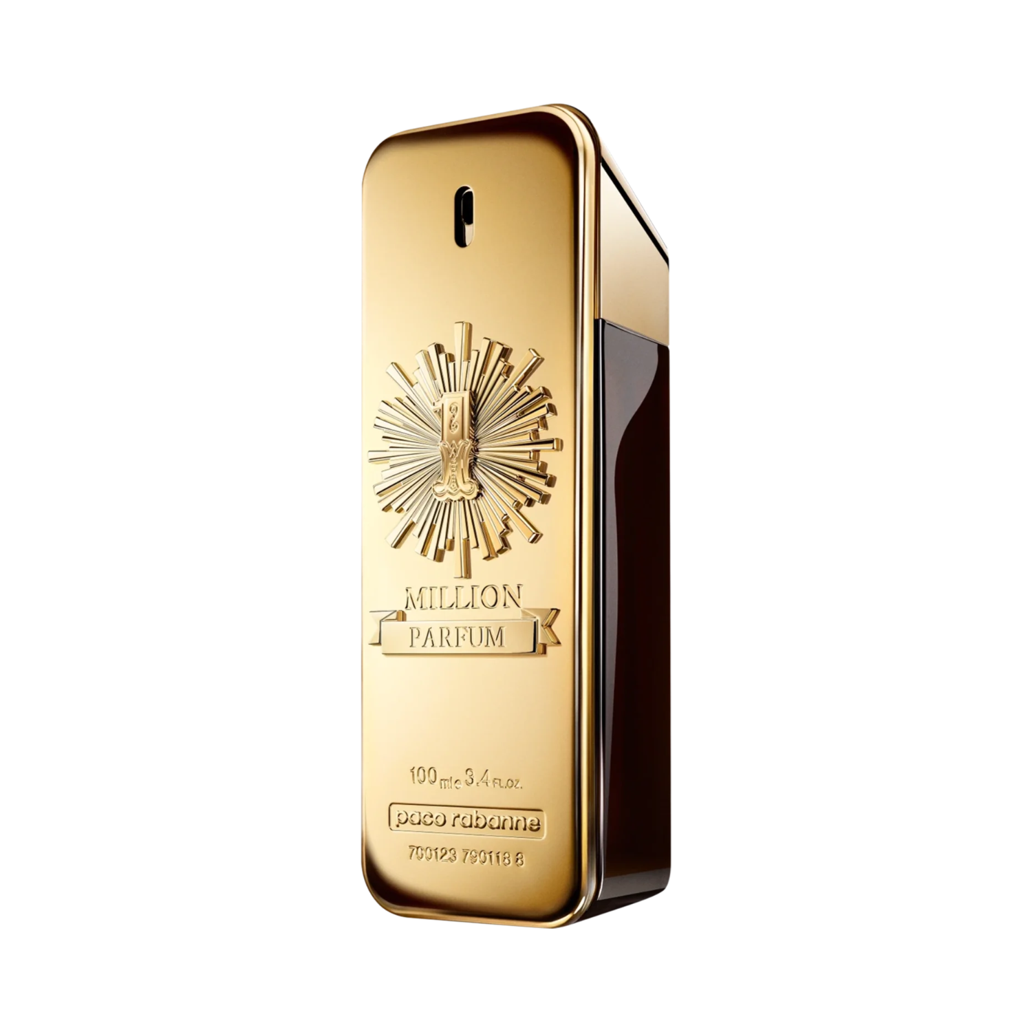 Frasco do perfume importado masculino One Million Parfum Rabanne Eau de Parfum com design de barra de ouro vertical, superfície dourada brilhante com um relevo central representando um sol estilizado e o nome "MILLION PARFUM" em uma faixa, disponível na Velyre.