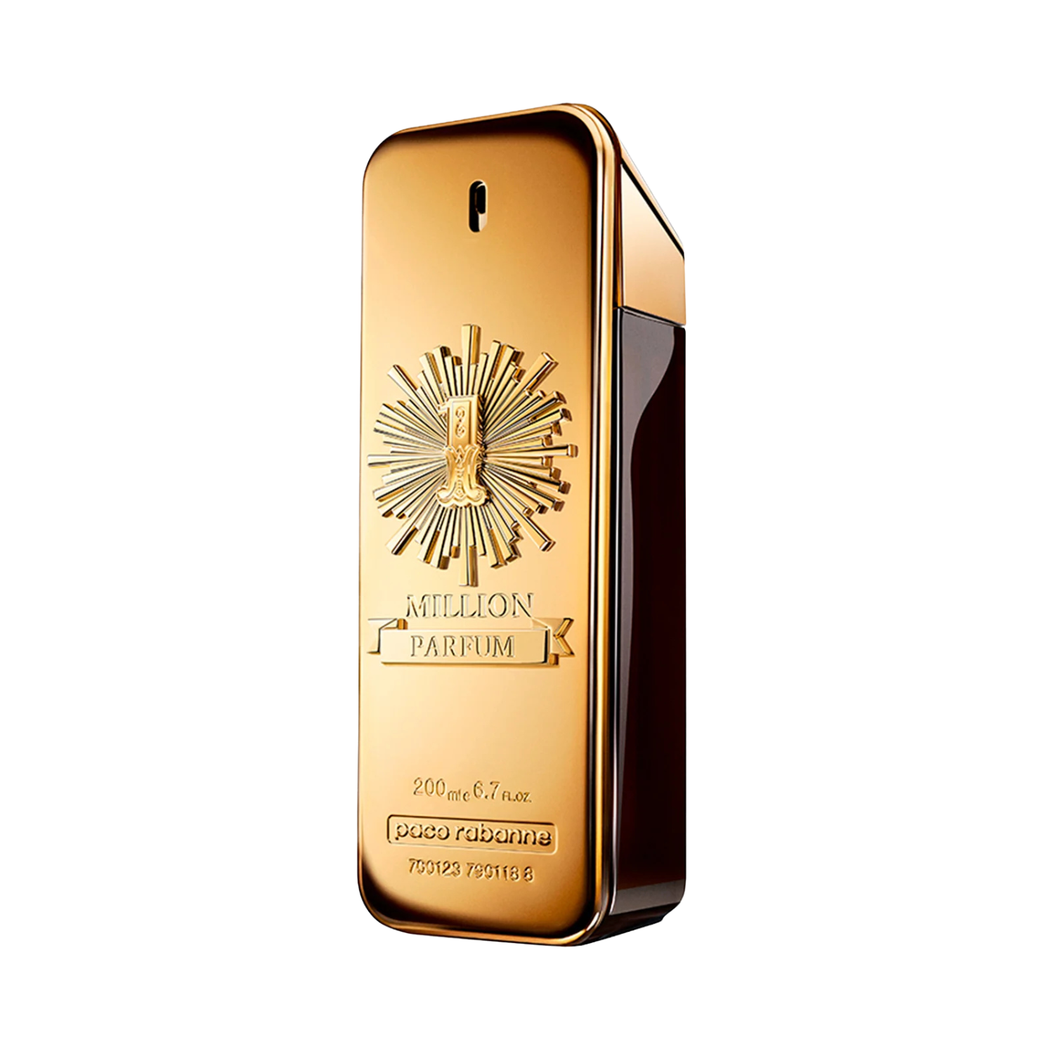 Frasco do perfume importado masculino One Million Parfum Rabanne Eau de Parfum com design de barra de ouro vertical, superfície dourada brilhante com um relevo central representando um sol estilizado e o nome "MILLION PARFUM" em uma faixa, disponível na Velyre.