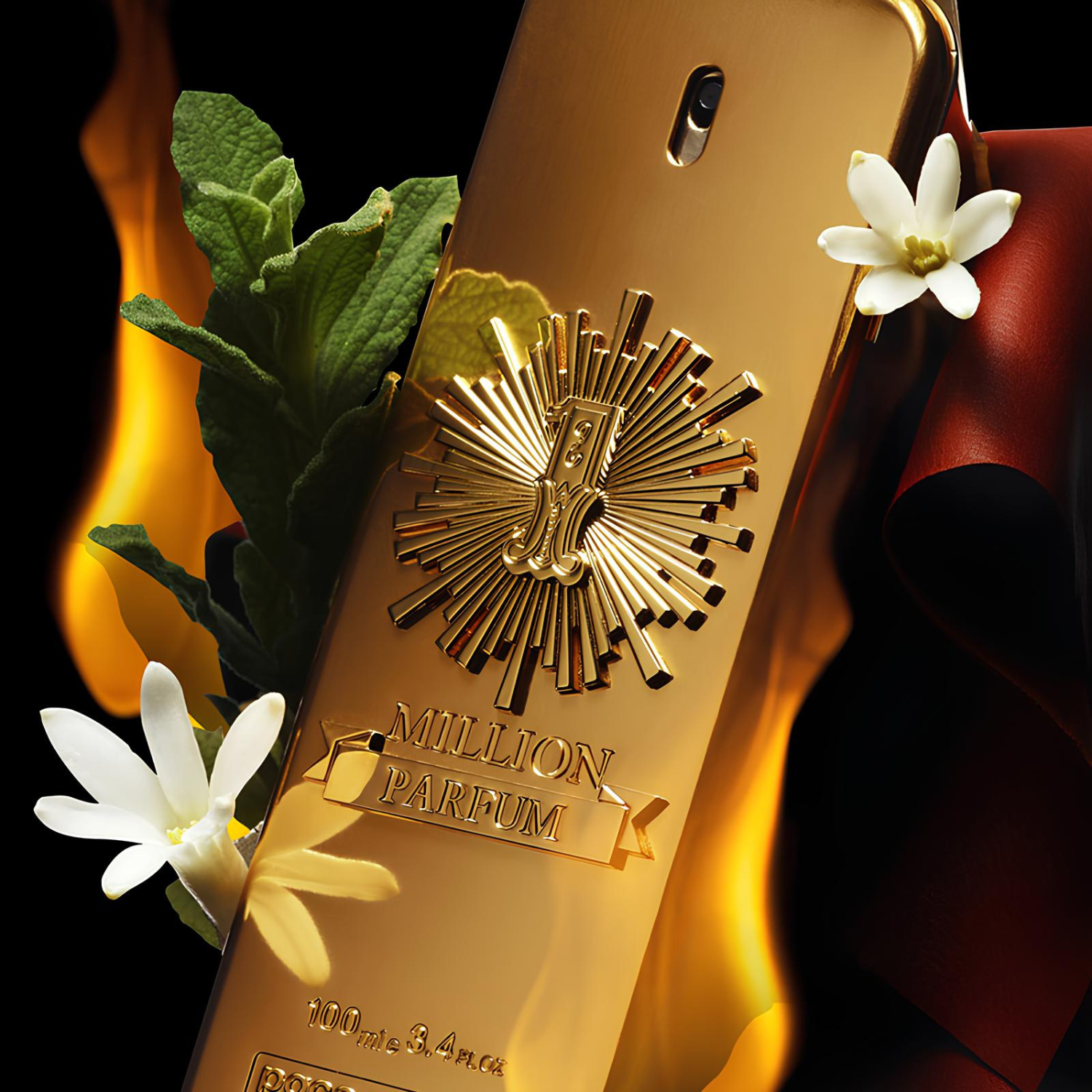 Perfume importado masculino One Million Parfum Rabanne cercado por folhas verdes, pequenas flores brancas e chamas sutis ao fundo, representando uma combinação de frescor e intensidade, disponível na Velyre.