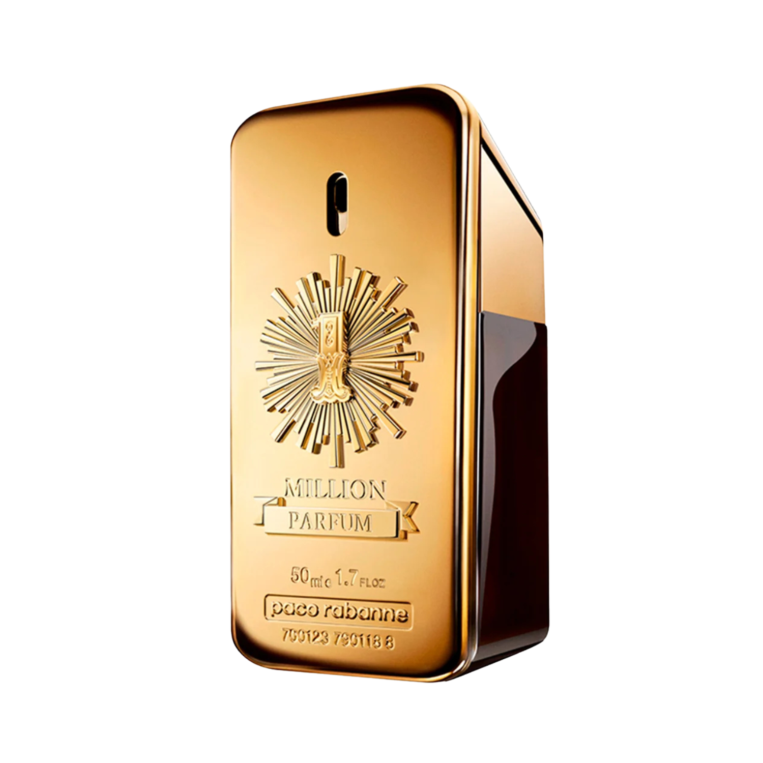 Frasco do perfume importado masculino One Million Parfum Rabanne Eau de Parfum com design de barra de ouro vertical, superfície dourada brilhante com um relevo central representando um sol estilizado e o nome "MILLION PARFUM" em uma faixa, disponível na Velyre.
