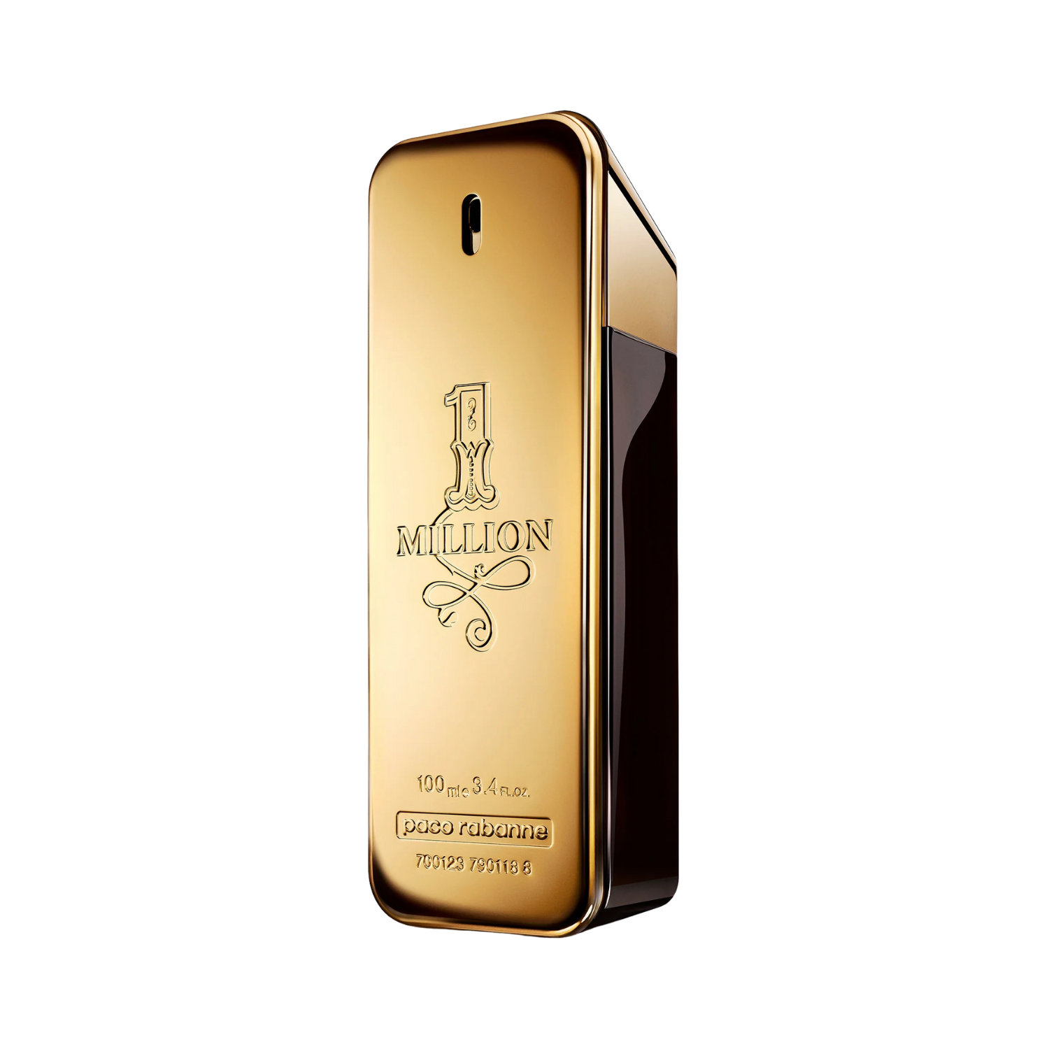 Frasco do perfume importado masculino One Million Rabanne Eau de Toilette 100ml com design de barra de ouro vertical, superfície dourada brilhante com o número "1" estilizado em relevo e a palavra "MILLION" abaixo em fonte cursiva, disponível na Velyre.