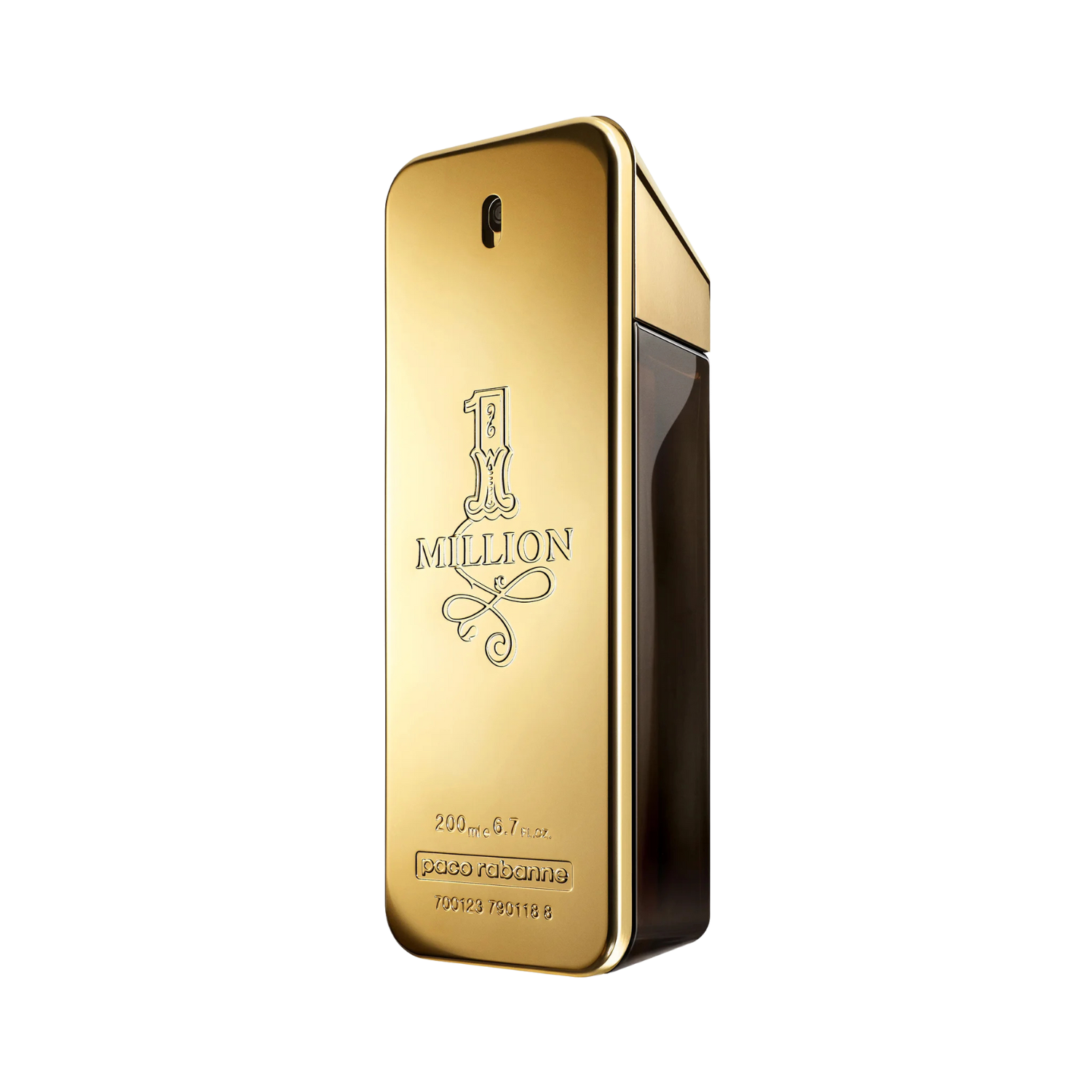 Frasco do perfume importado masculino One Million Rabanne Eau de Toilette 200ml com design de barra de ouro vertical, superfície dourada brilhante com o número "1" estilizado em relevo e a palavra "MILLION" abaixo em fonte cursiva, disponível na Velyre.