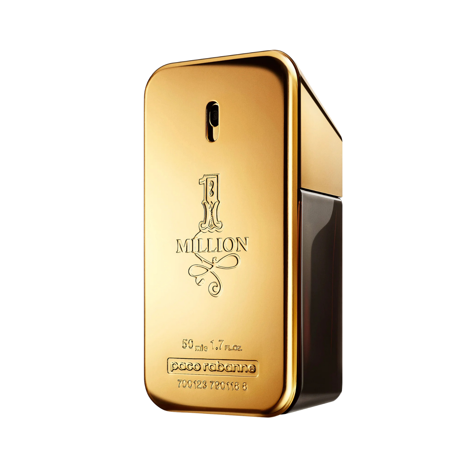 Frasco do perfume importado masculino One Million Rabanne Eau de Toilette 50ml com design de barra de ouro vertical, superfície dourada brilhante com o número "1" estilizado em relevo e a palavra "MILLION" abaixo em fonte cursiva, disponível na Velyre.