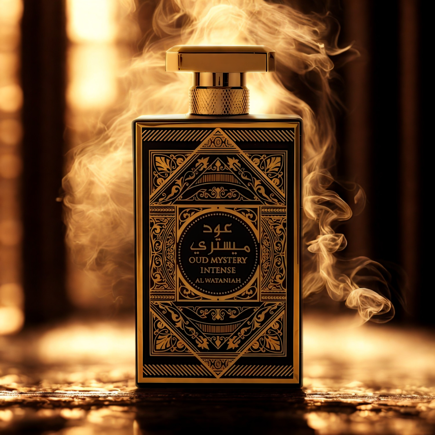 Perfume árabe Oud Mystery Intense Al Wataniah, disponível na Velyre, em destaque com volutas de fumaça dourada e iluminação suave, criando atmosfera misteriosa e luxuosa.