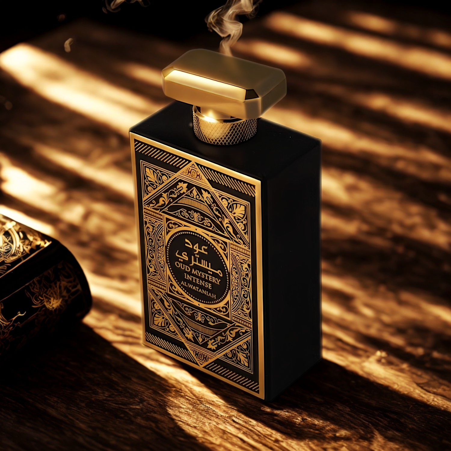 Perfume árabe Oud Mystery Intense Al Wataniah, disponível na Velyre, posicionado sobre superfície de madeira escura com luz ambiente suave, realçando o contraste entre preto e dourado e evocando calor e profundidade.