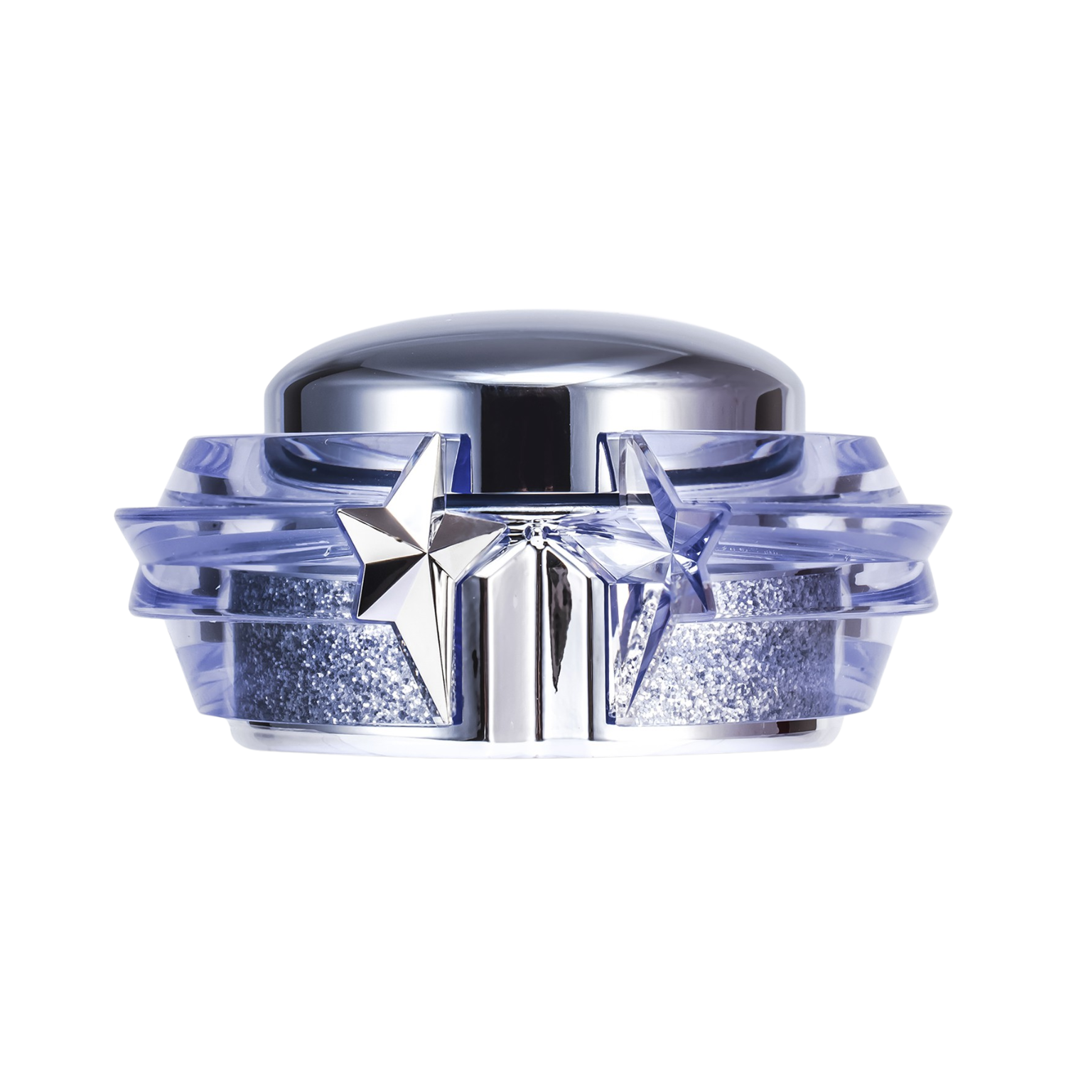 Pote da pasta hidratante perfumada Angel Mugler Perfuming Body Cream com design facetado em forma de estrela em tons de azul e prata, com a base preenchida com glitter prateado. A tampa é prateada e brilhante, com uma estrela em relevo.