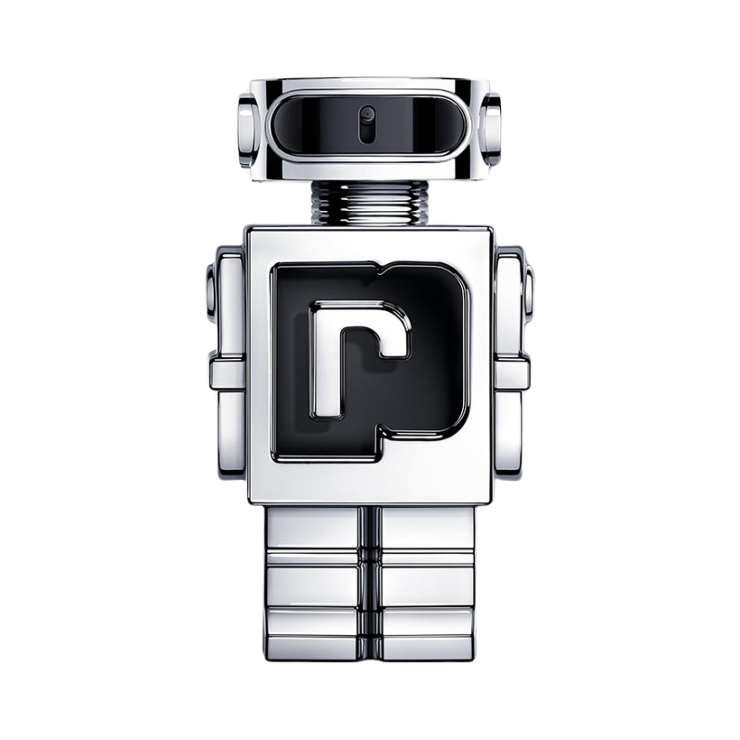 Frasco do perfume importado masculino Phantom Rabanne Eau de Toilette com design inovador de robô cromado, corpo em formato de cubo com a letra "P" estilizada em preto, cabeça com detalhes que remetem a olhos e antena, e braços e pernas articulados, disponível na Velyre.