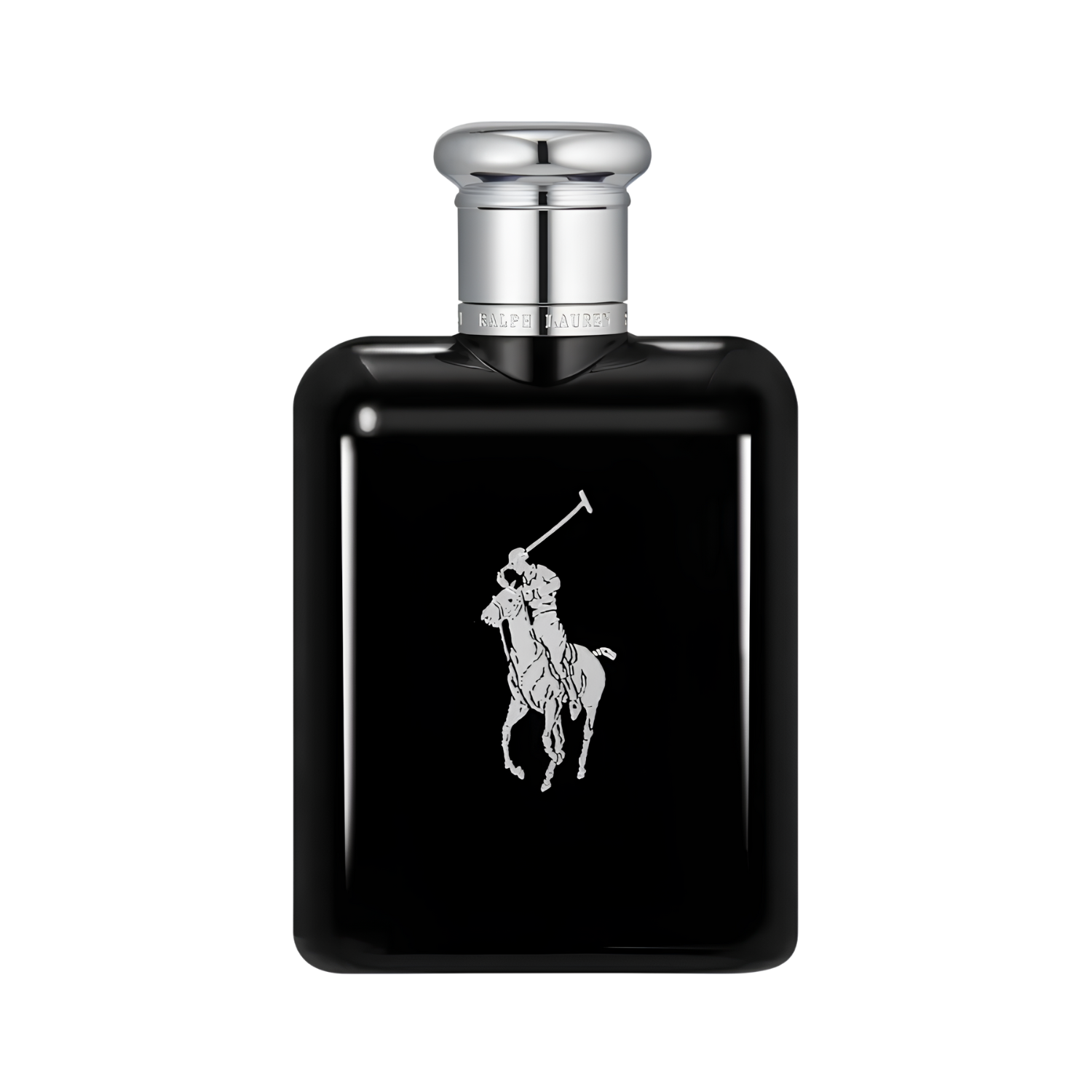 Frasco do perfume masculino Polo Black Ralph Lauren Eau de Toilette 125ml com design retangular elegante em vidro preto brilhante, com o icônico logo do jogador de polo prateado em destaque. A tampa é prateada e redonda, proporcionando um contraste sofisticado.