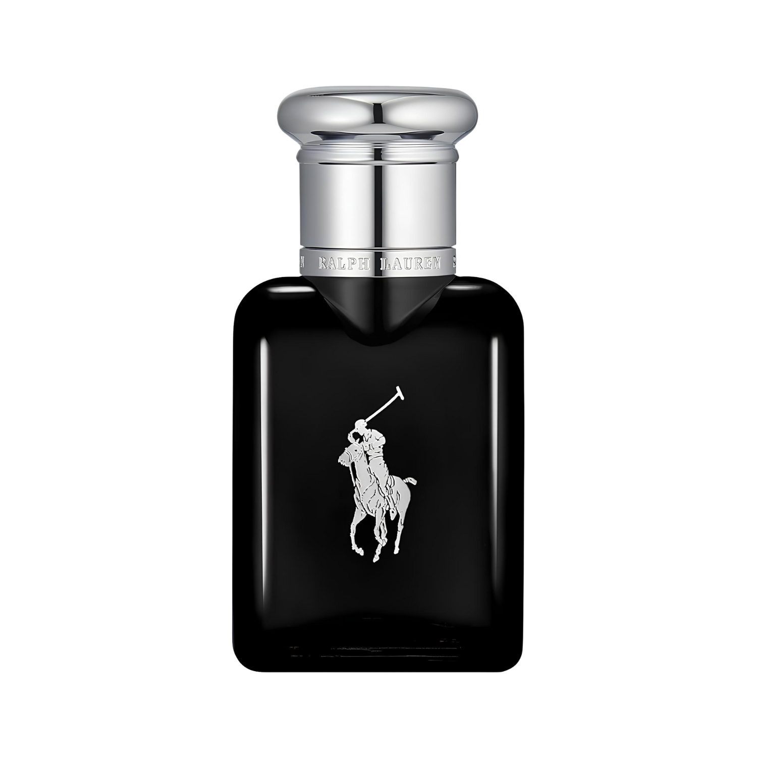 Frasco do perfume masculino Polo Black Ralph Lauren Eau de Toilette 40ml com design retangular elegante em vidro preto brilhante, com o icônico logo do jogador de polo prateado em destaque. A tampa é prateada e redonda, proporcionando um contraste sofisticado.
