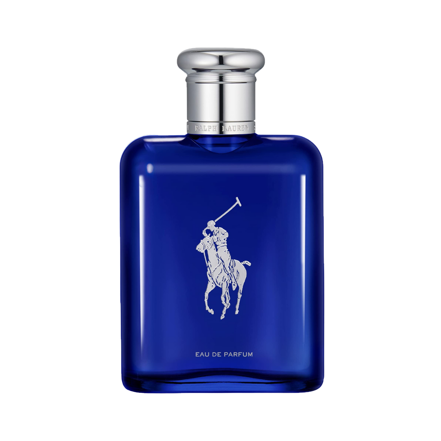 Frasco do perfume masculino Polo Blue Ralph Lauren Eau de Parfum 125ml com design retangular clássico em vidro azul cobalto translúcido, com o icônico logo do jogador de polo prateado em relevo. A tampa é prateada e redonda, complementando o visual elegante e esportivo.