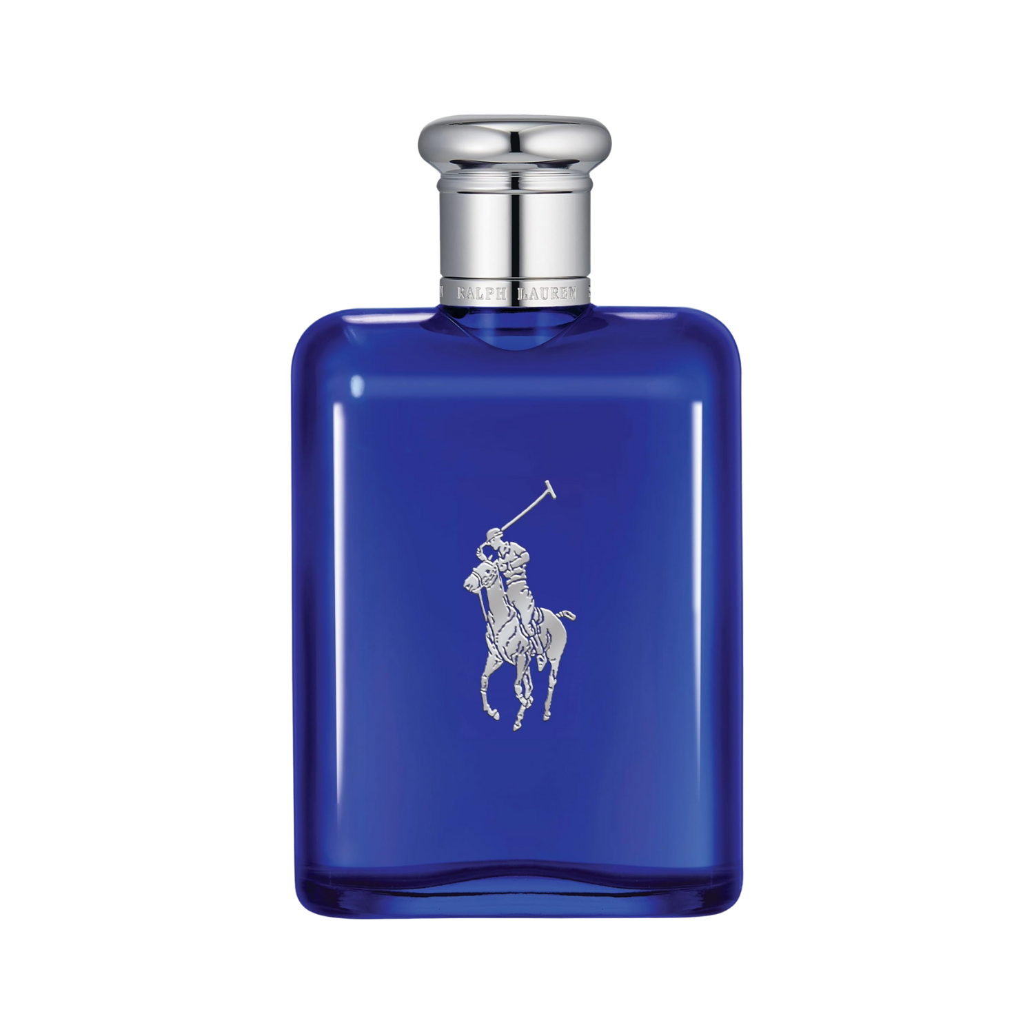 Frasco do perfume masculino Polo Blue Ralph Lauren Eau de Parfum 200ml com design retangular clássico em vidro azul cobalto translúcido, com o icônico logo do jogador de polo prateado em relevo. A tampa é prateada e redonda, complementando o visual elegante e esportivo.