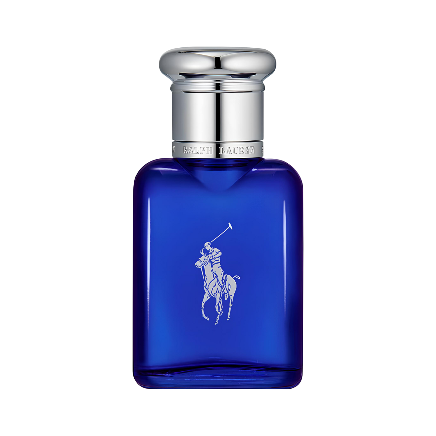 Frasco do perfume masculino Polo Blue Ralph Lauren Eau de Parfum 75ml com design retangular clássico em vidro azul cobalto translúcido, com o icônico logo do jogador de polo prateado em relevo. A tampa é prateada e redonda, complementando o visual elegante e esportivo.