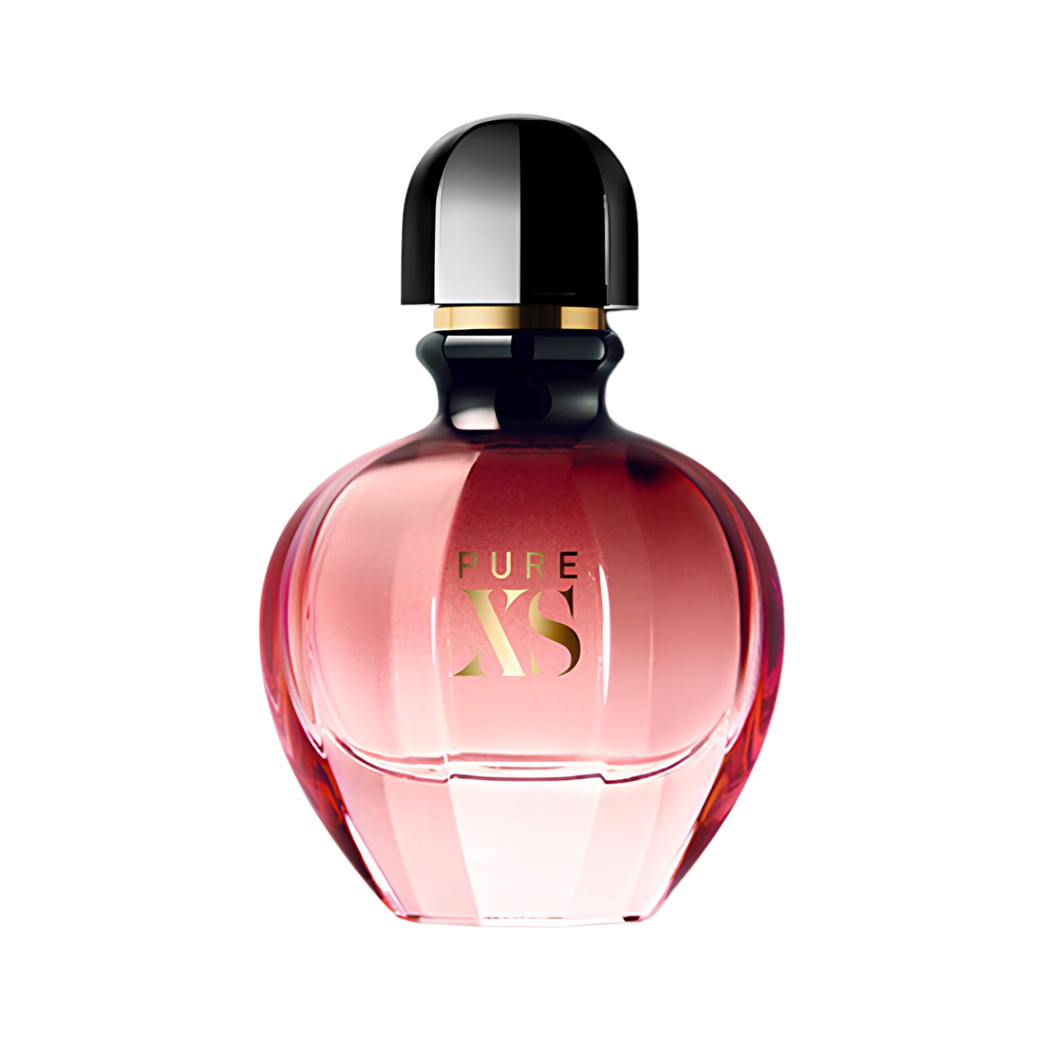 Frasco do perfume feminino Pure XS For Her Rabanne Eau de Parfum 30ml com design arredondado e facetado em vidro rosa degradê. A tampa é preta e oval, adicionando um toque sensual e misterioso.