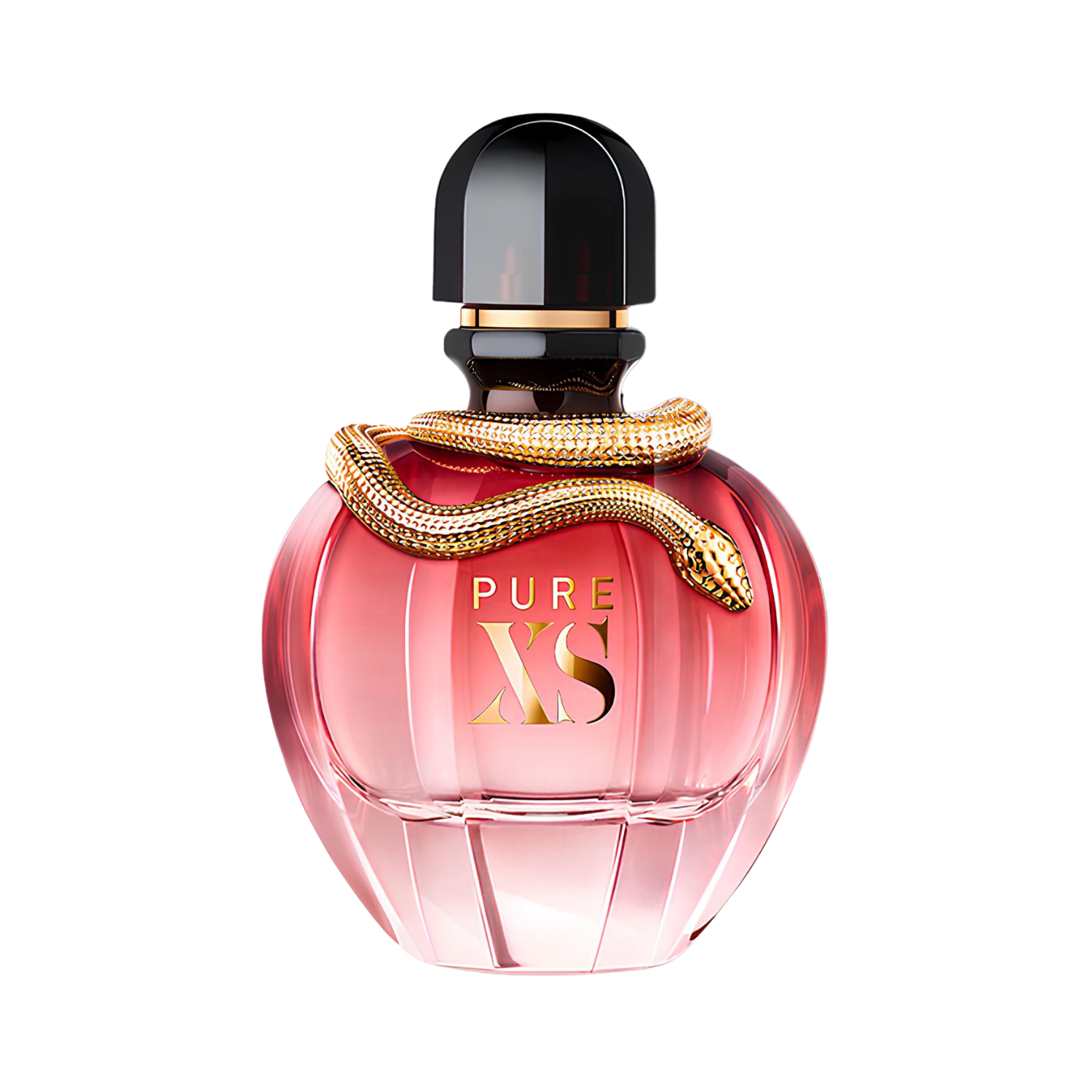 Frasco do perfume feminino Pure XS For Her Rabanne Eau de Parfum 80ml com design arredondado e facetado em vidro rosa degradê, com uma serpente dourada em relevo enrolada no gargalo. A tampa é preta e oval, adicionando um toque sensual e misterioso.