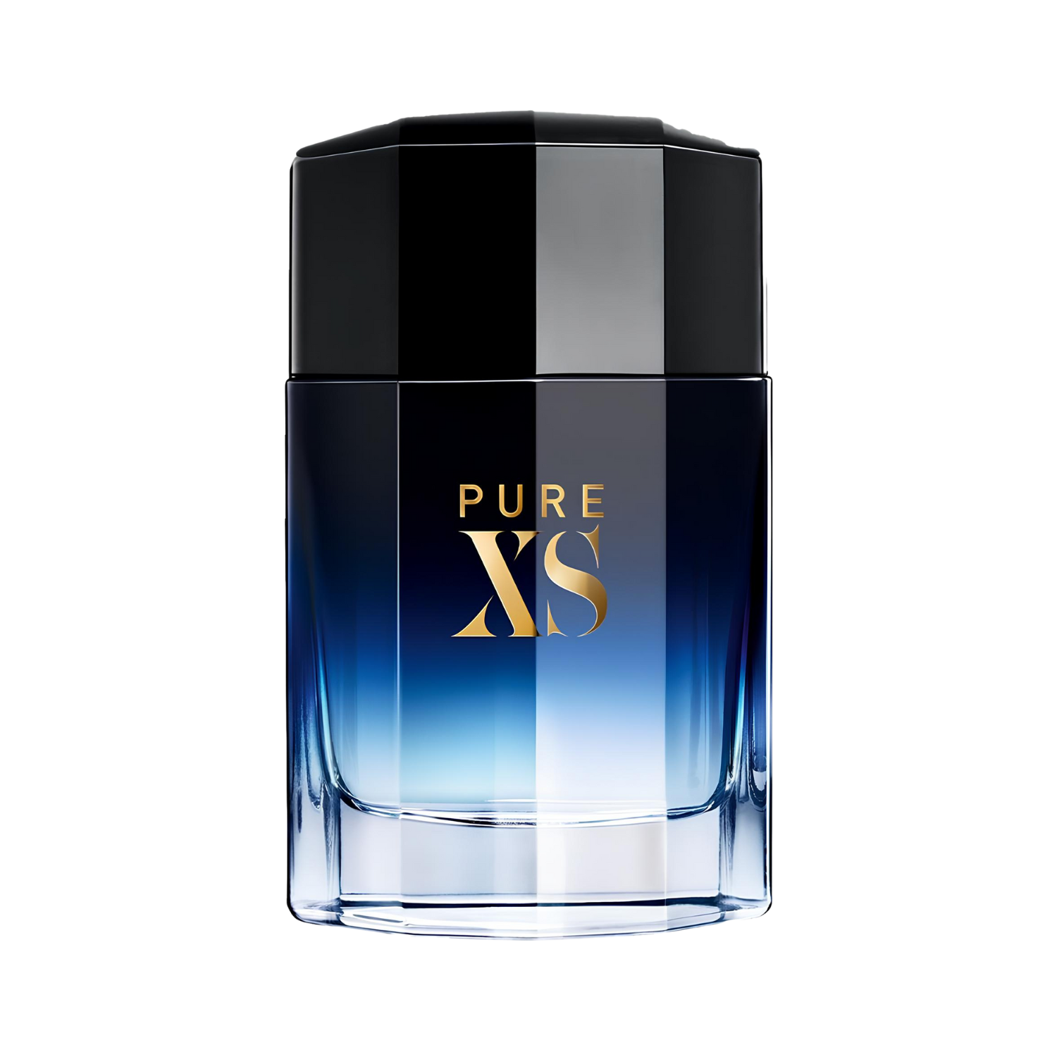 Frasco do perfume masculino Pure XS Rabanne Eau de Toilette 100ml com design retangular facetado em vidro degradê azul escuro para transparente, com as palavras "PURE XS" em dourado no centro. A tampa é preta, geométrica e brilhante.