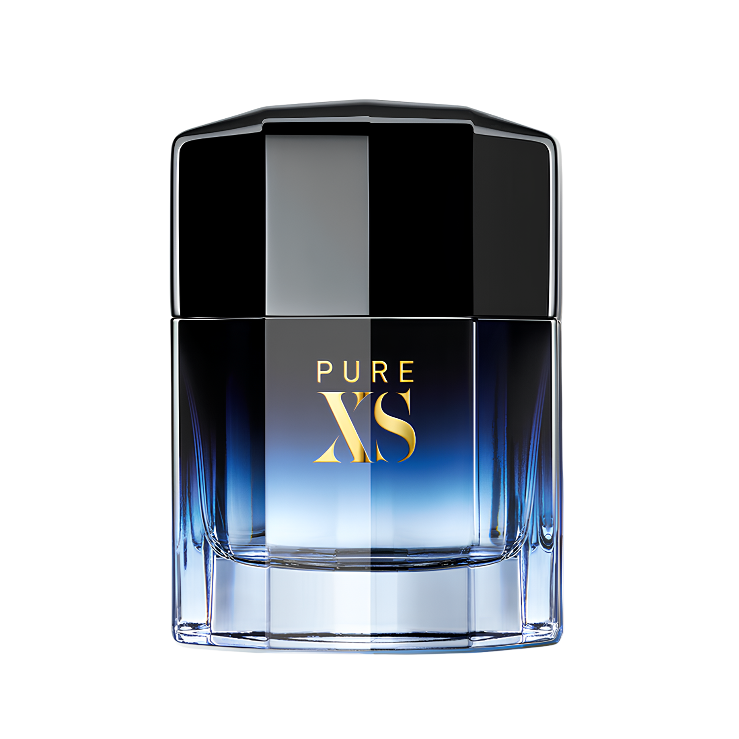 Frasco do perfume masculino Pure XS Rabanne Eau de Toilette 150ml com design retangular facetado em vidro degradê azul escuro para transparente, com as palavras "PURE XS" em dourado no centro. A tampa é preta, geométrica e brilhante.