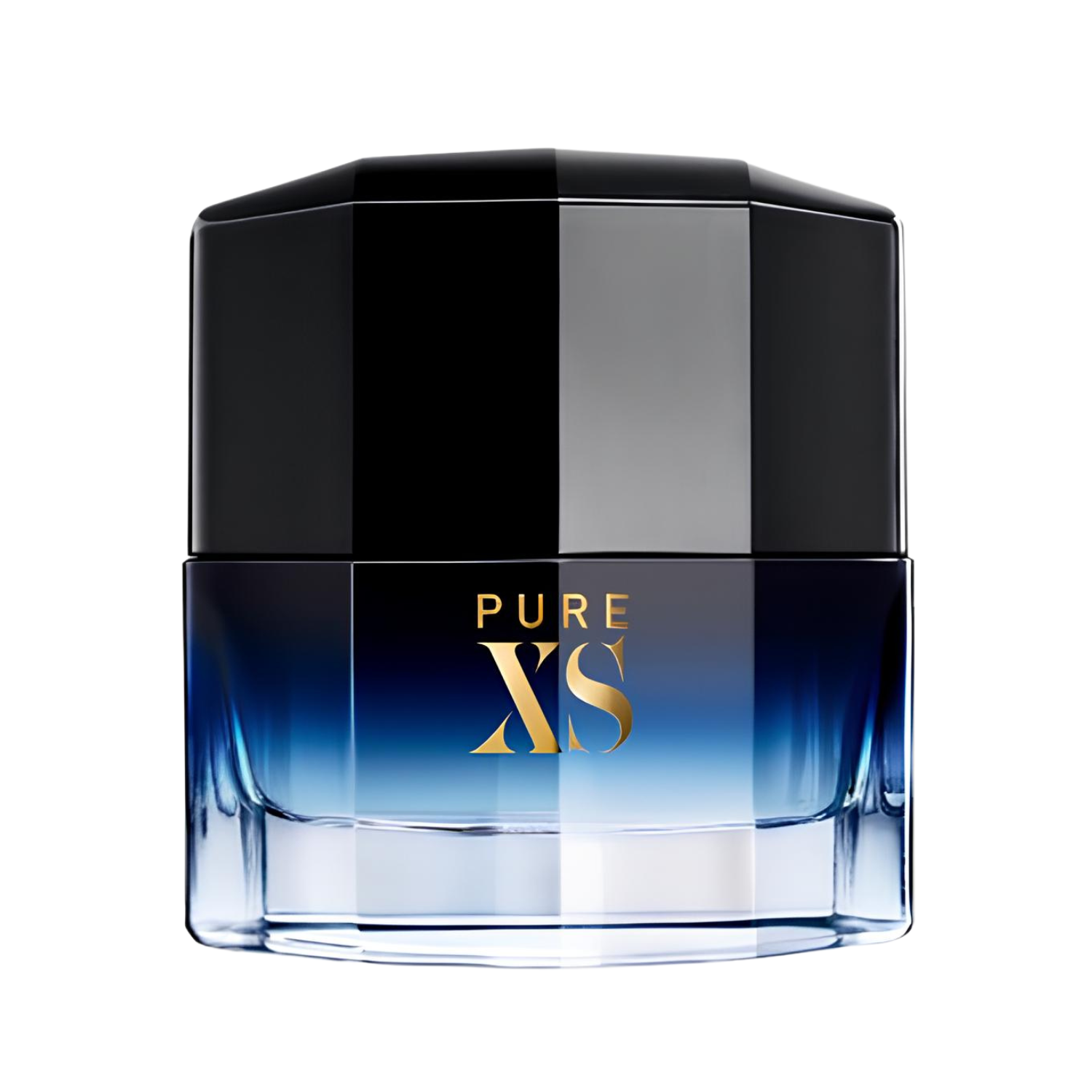 Frasco do perfume masculino Pure XS Rabanne Eau de Toilette 50ml com design retangular facetado em vidro degradê azul escuro para transparente, com as palavras "PURE XS" em dourado no centro. A tampa é preta, geométrica e brilhante.