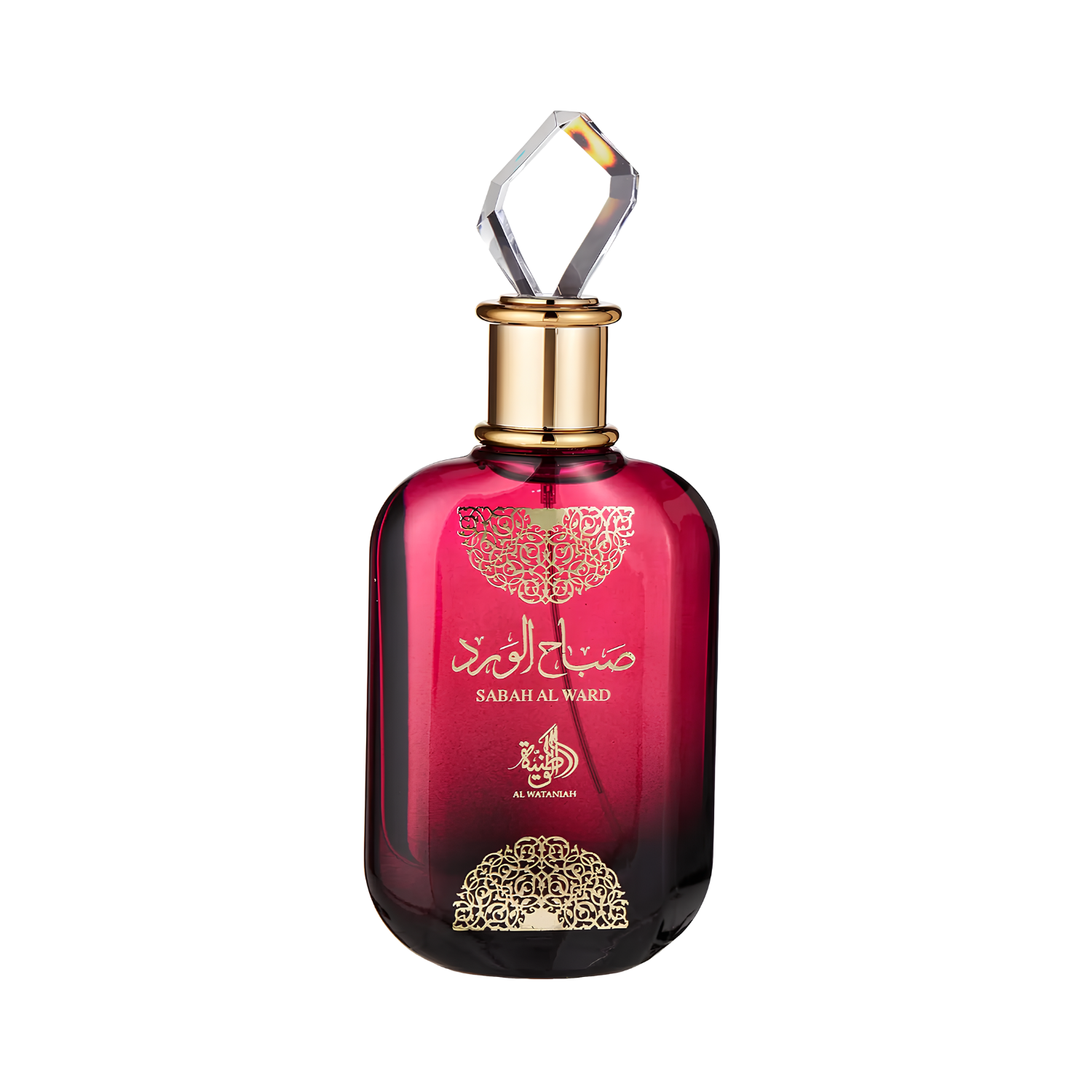 Frasco do perfume árabe feminino Sabah Al Ward Al Wataniah Eau de Parfum, disponível na Velyre, em vidro vermelho escuro degradê com detalhes e tampa facetada em cristal transparente e dourado. O nome 'صباح الورد' em árabe e 'SABAH AL WARD' em letras latinas estão visíveis na frente, adornado com desenhos florais dourados.