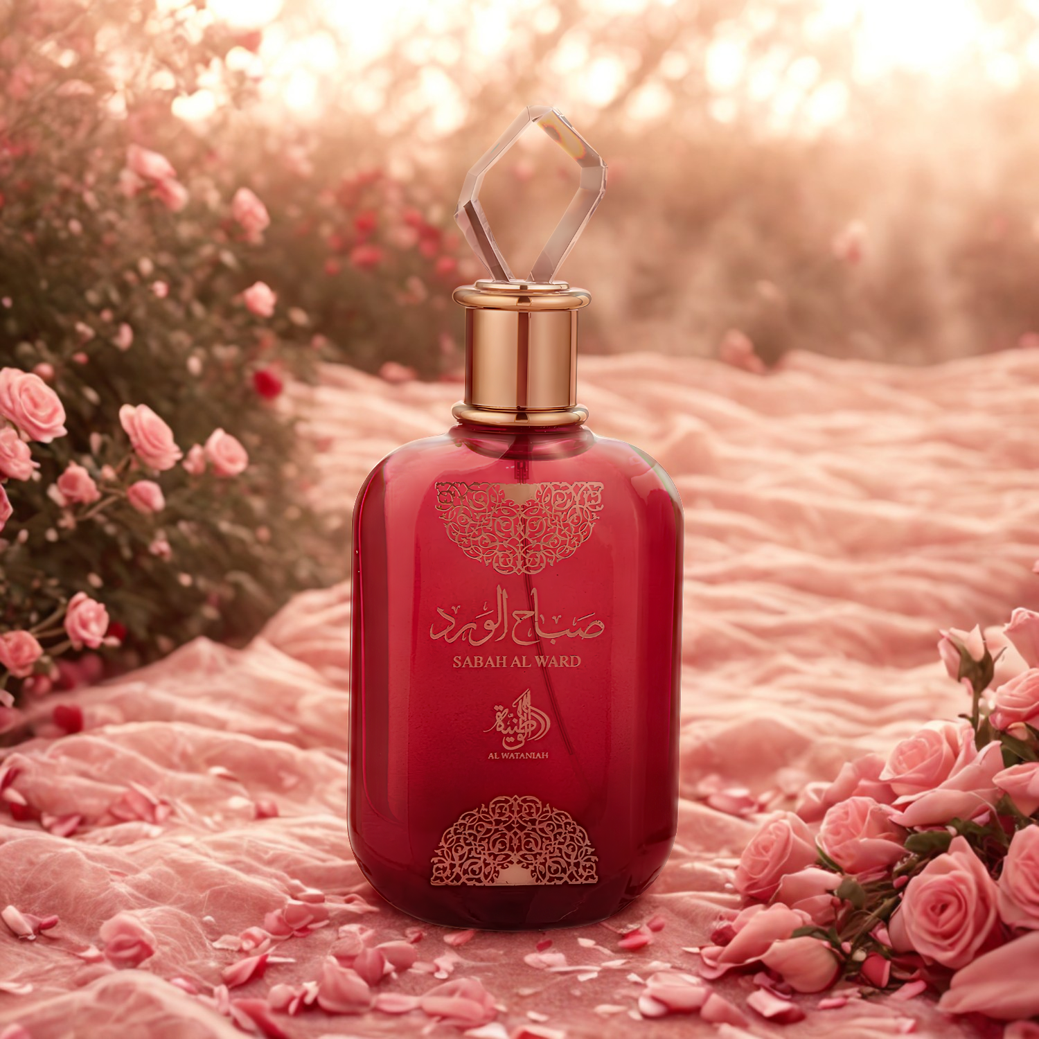 Perfume árabe feminino Sabah Al Ward Al Wataniah, disponível na Velyre, em destaque em um ambiente romântico com rosas cor-de-rosa em flor e pétalas espalhadas, sugerindo uma fragrância floral e delicada.