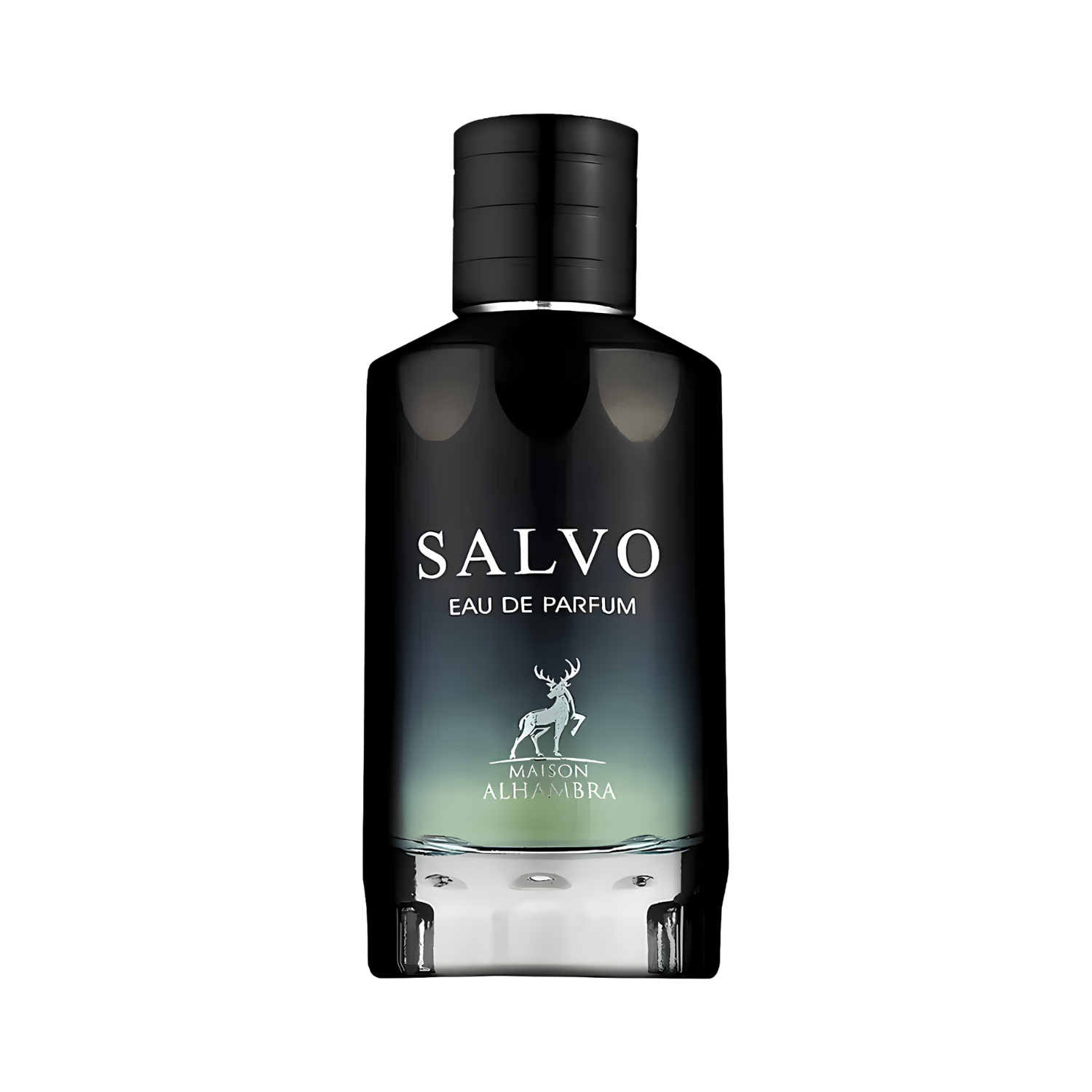 Frasco do perfume árabe masculino Salvo Maison Alhambra Eau de Parfum, disponível na Velyre, com design retangular e cantos arredondados, vidro escuro degradê de preto para tom mais claro na base, tampa preta e nome 'SALVO' em letras brancas, seguido de 'EAU DE PARFUM' e logo de cervo branco sob a marca 'MAISON ALHAMBRA'. Base do frasco com detalhes prateados.