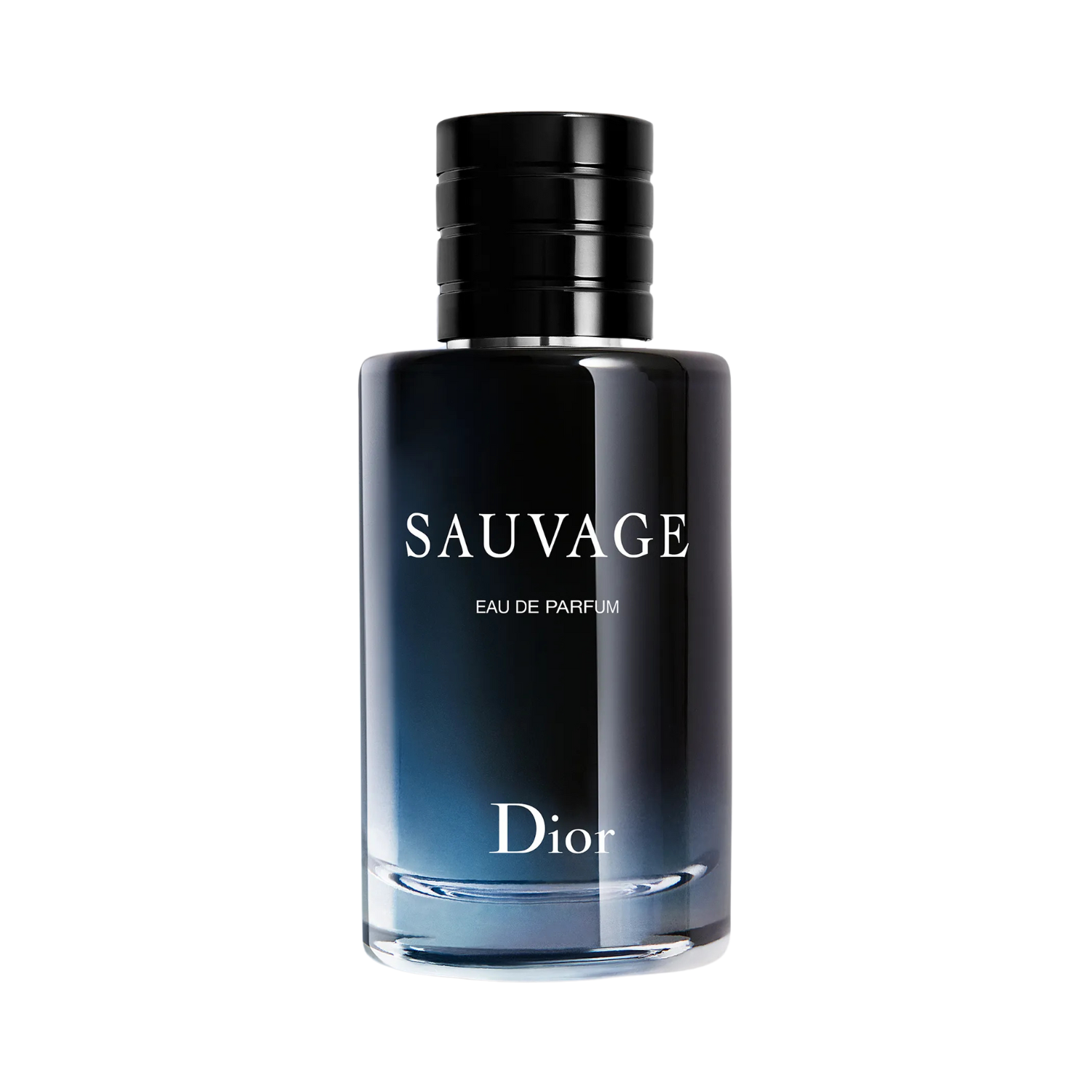 Frasco do perfume masculino Sauvage Dior Eau de Parfum com design cilíndrico em vidro preto degradê para azul escuro, com as palavras "SAUVAGE EAU DE PARFUM" e "Dior" em branco. A tampa é preta texturizada e cilíndrica, adicionando um toque de sofisticação.