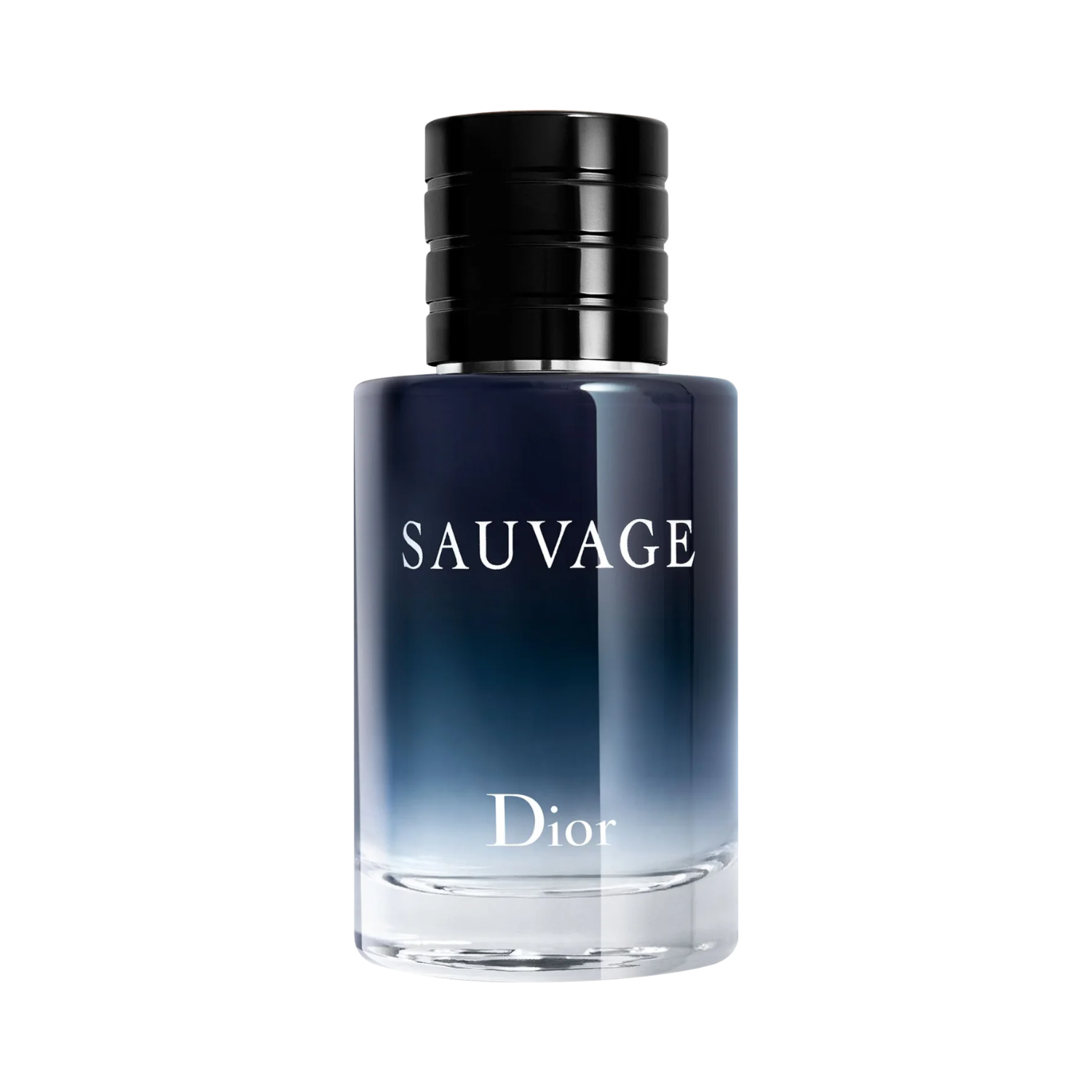 Frasco do perfume masculino Sauvage Dior com design cilíndrico em vidro degradê de azul escuro no topo para transparente na base, com as palavras "SAUVAGE" em branco na parte superior e "Dior" em branco na parte inferior. A tampa é preta com ranhuras verticais.