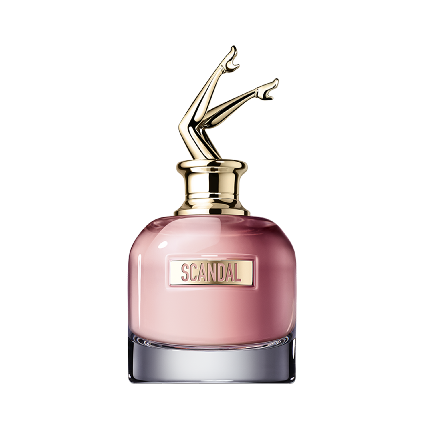 Frasco do perfume Scandal Jean Paul Gaultier, com vidro arredondado e líquido rosa. A tampa dourada em forma de pernas femininas erguidas é o destaque do design ousado e provocante.