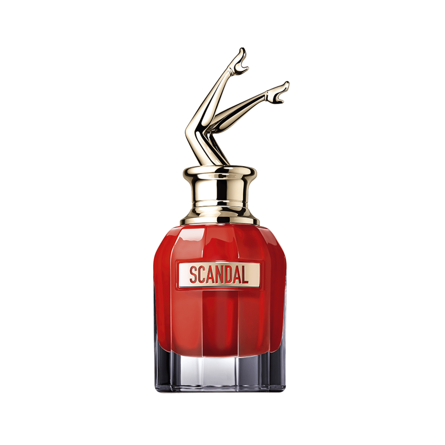 Frasco do perfume Scandal Le Parfum Jean Paul Gaultier em destaque sobre fundo transparente, com líquido vermelho e tampa dourada em formato de pernas femininas cruzadas para o alto.