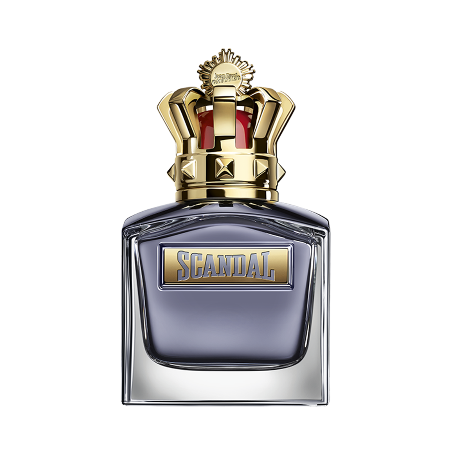 Frasco do perfume masculino Scandal Pour Homme Jean Paul Gaultier Eau de Toilette com design retangular em vidro transparente e líquido azul-cinzento, com uma coroa dourada e vermelha na tampa. A placa dourada na frente contém a palavra "SCANDAL" em relevo.