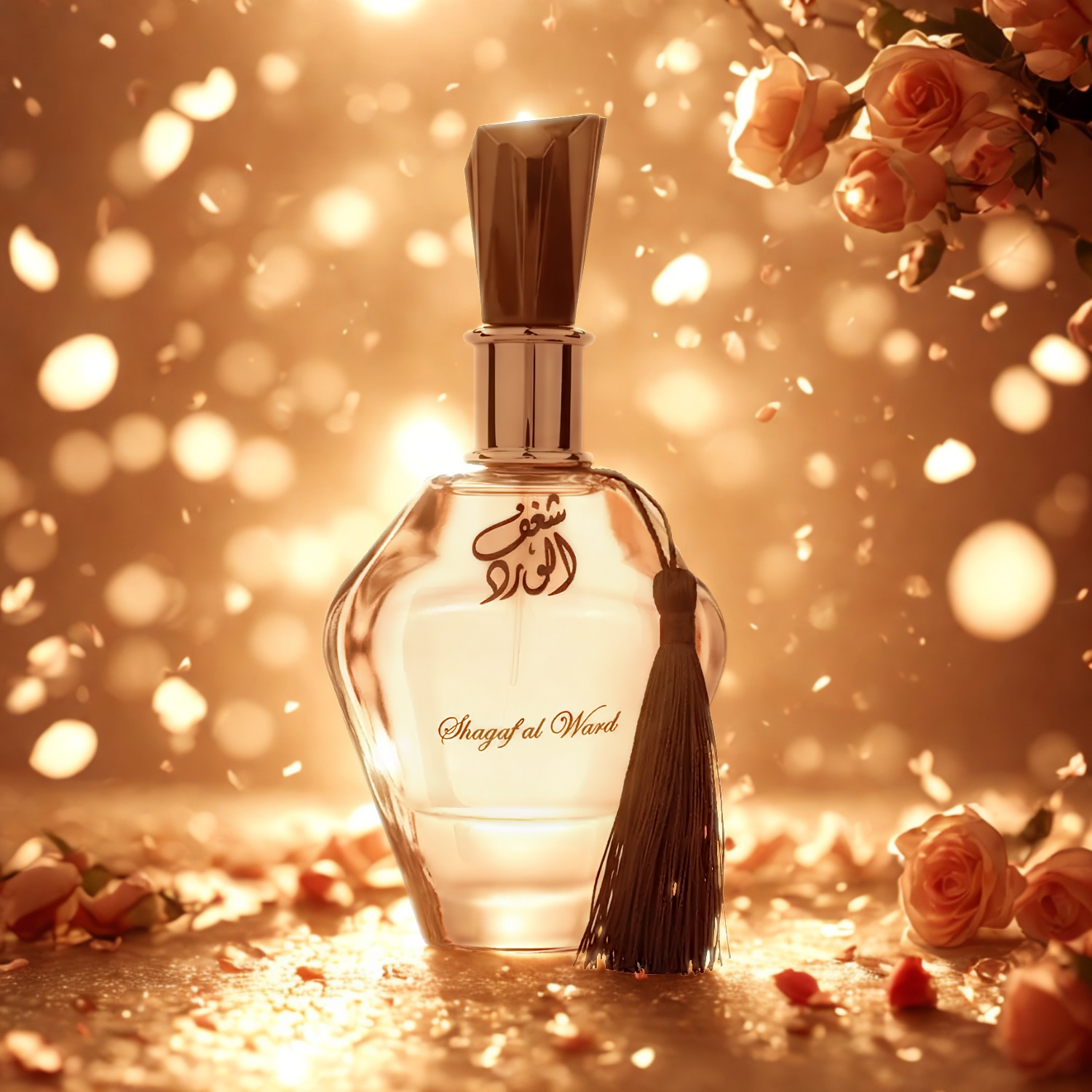 Perfume árabe feminino Shagaf Al Ward Al Wataniah, disponível na Velyre, em destaque em ambiente iluminado por luzes douradas cintilantes e cercado por rosas claras, evocando fragrância floral luxuosa e envolvente.