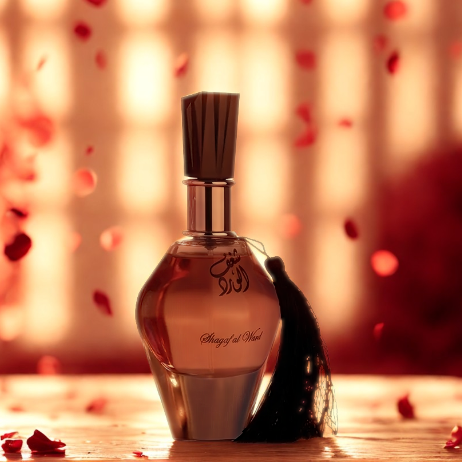 Perfume árabe Shagaf Al Ward Al Wataniah, disponível na Velyre, em superfície clara com pétalas vermelhas caindo e fundo vibrante em tons de vermelho, criando atmosfera romântica e apaixonada.