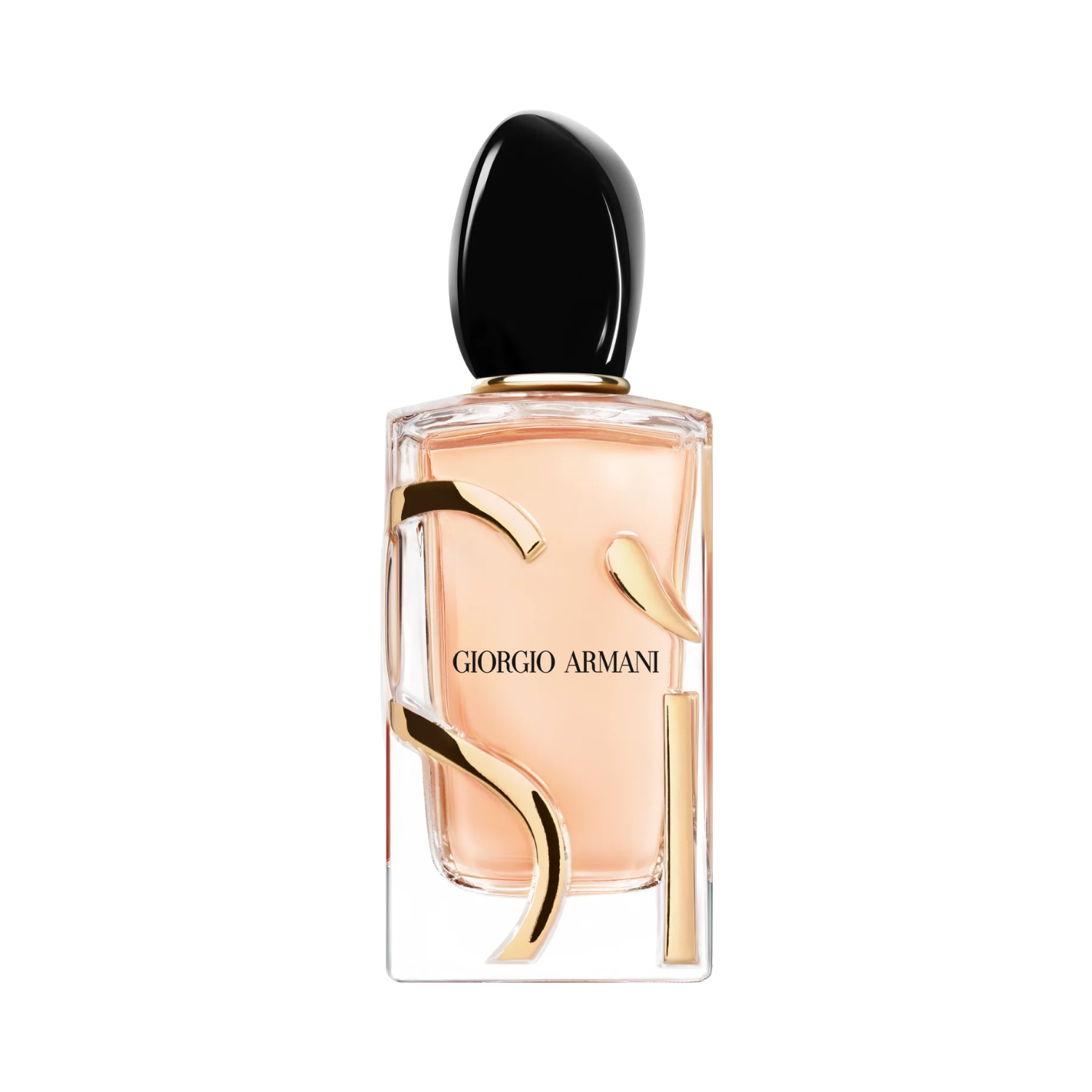 Frasco do perfume feminino Sì Giorgio Armani Eau de Parfum 100ml com design retangular em vidro transparente e líquido rosado pálido. Possui uma tampa preta brilhante em formato orgânico e o logo "Sì" dourado estilizado que envolve o frasco.
