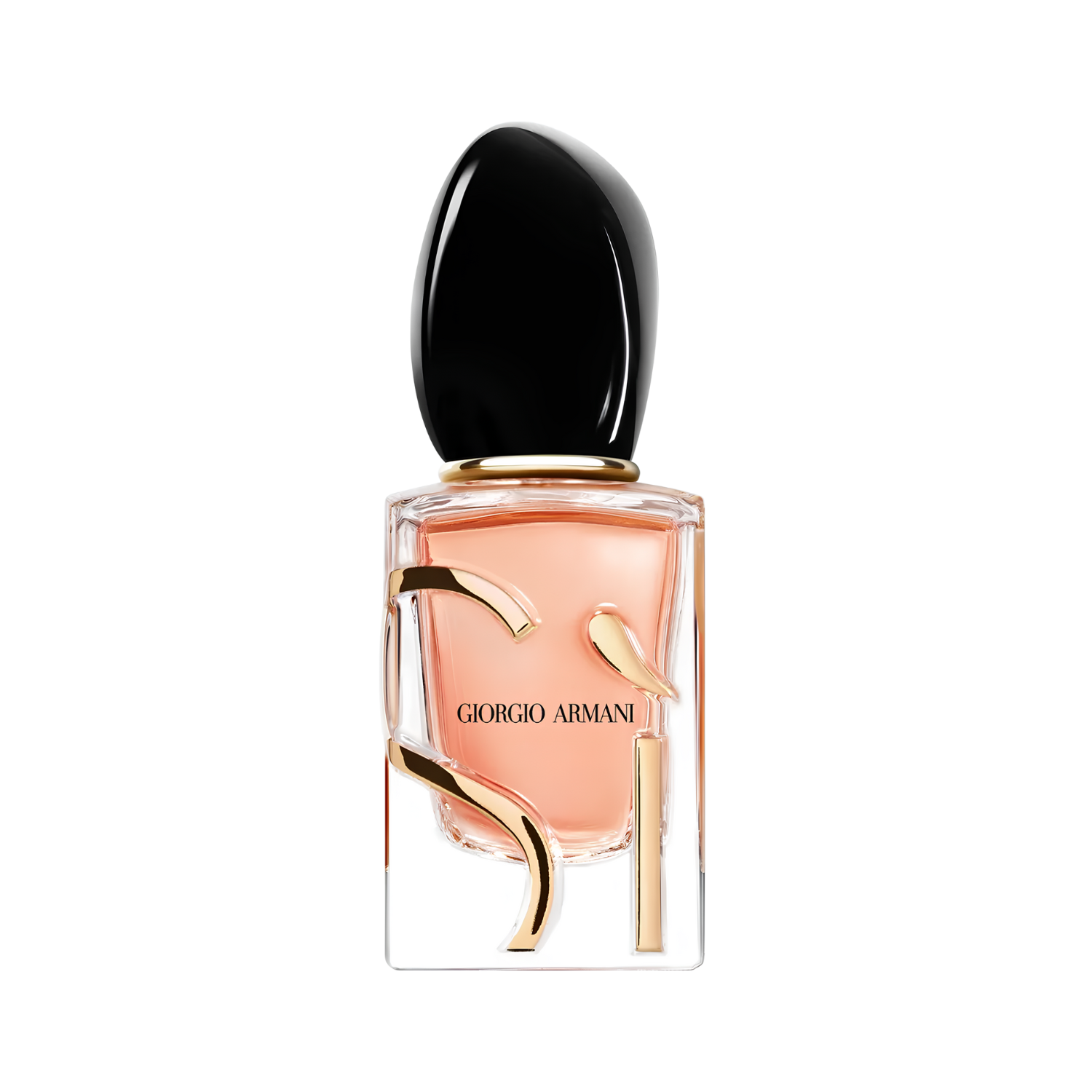 Frasco do perfume feminino Sì Giorgio Armani Eau de Parfum 30ml com design retangular em vidro transparente e líquido rosado pálido. Possui uma tampa preta brilhante em formato orgânico e o logo "Sì" dourado estilizado que envolve o frasco.