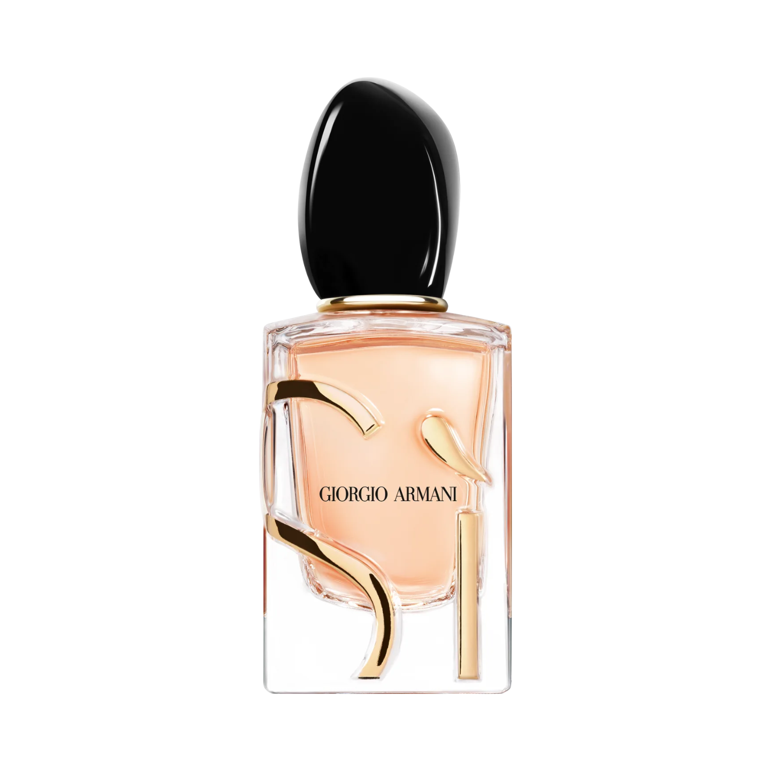 Frasco do perfume feminino Sì Giorgio Armani Eau de Parfum 50ml com design retangular em vidro transparente e líquido rosado pálido. Possui uma tampa preta brilhante em formato orgânico e o logo "Sì" dourado estilizado que envolve o frasco.