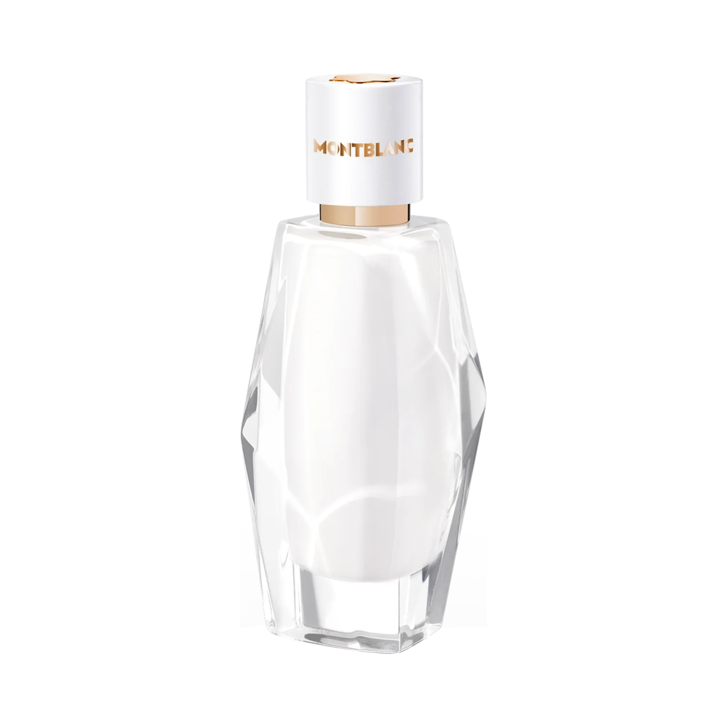 Frasco do perfume Montblanc Signature 30ml. O frasco tem design facetado translúcido com tampa branca e detalhes dourados.