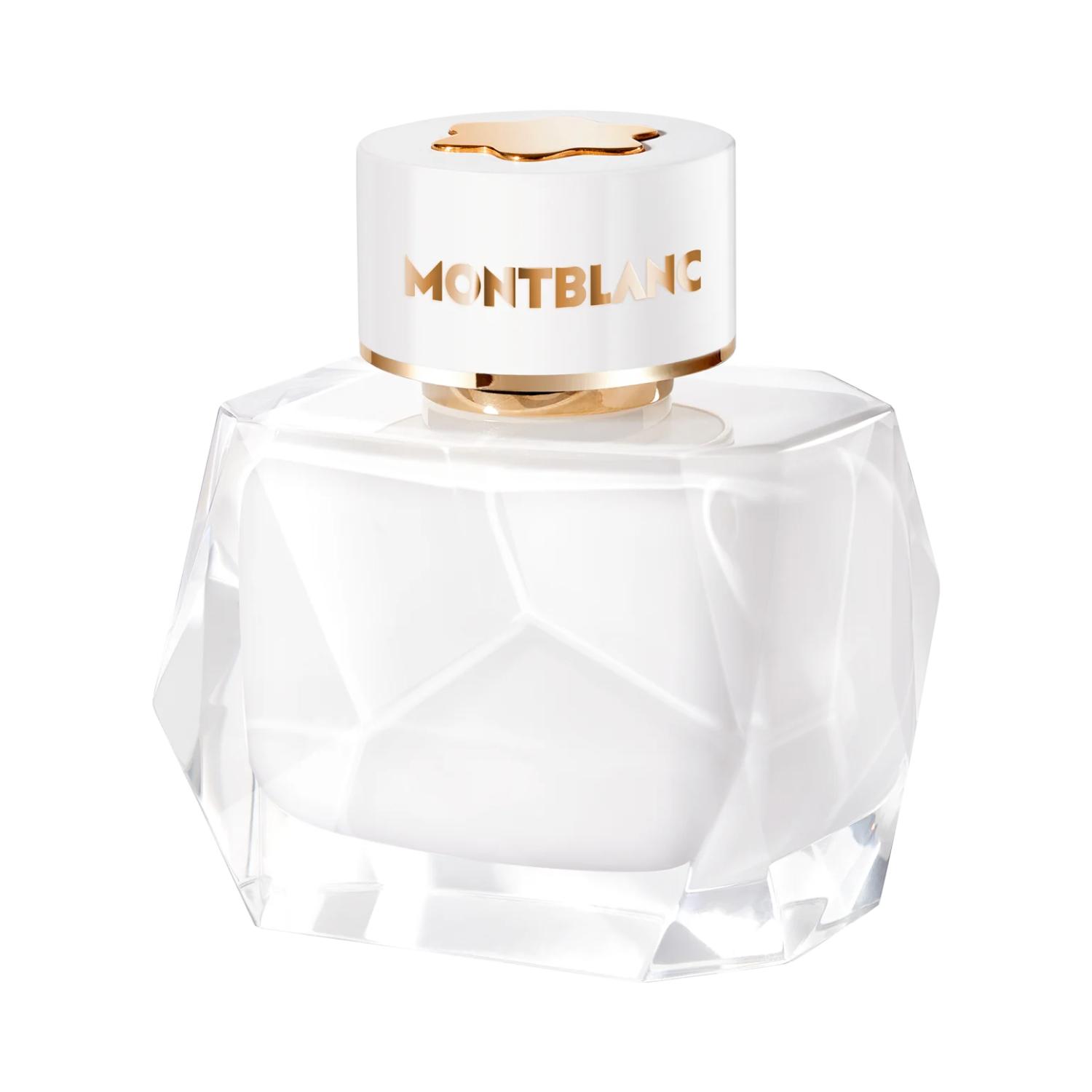 Frasco do perfume Montblanc Signature 50ml. O frasco tem design facetado translúcido com tampa branca e detalhes dourados.