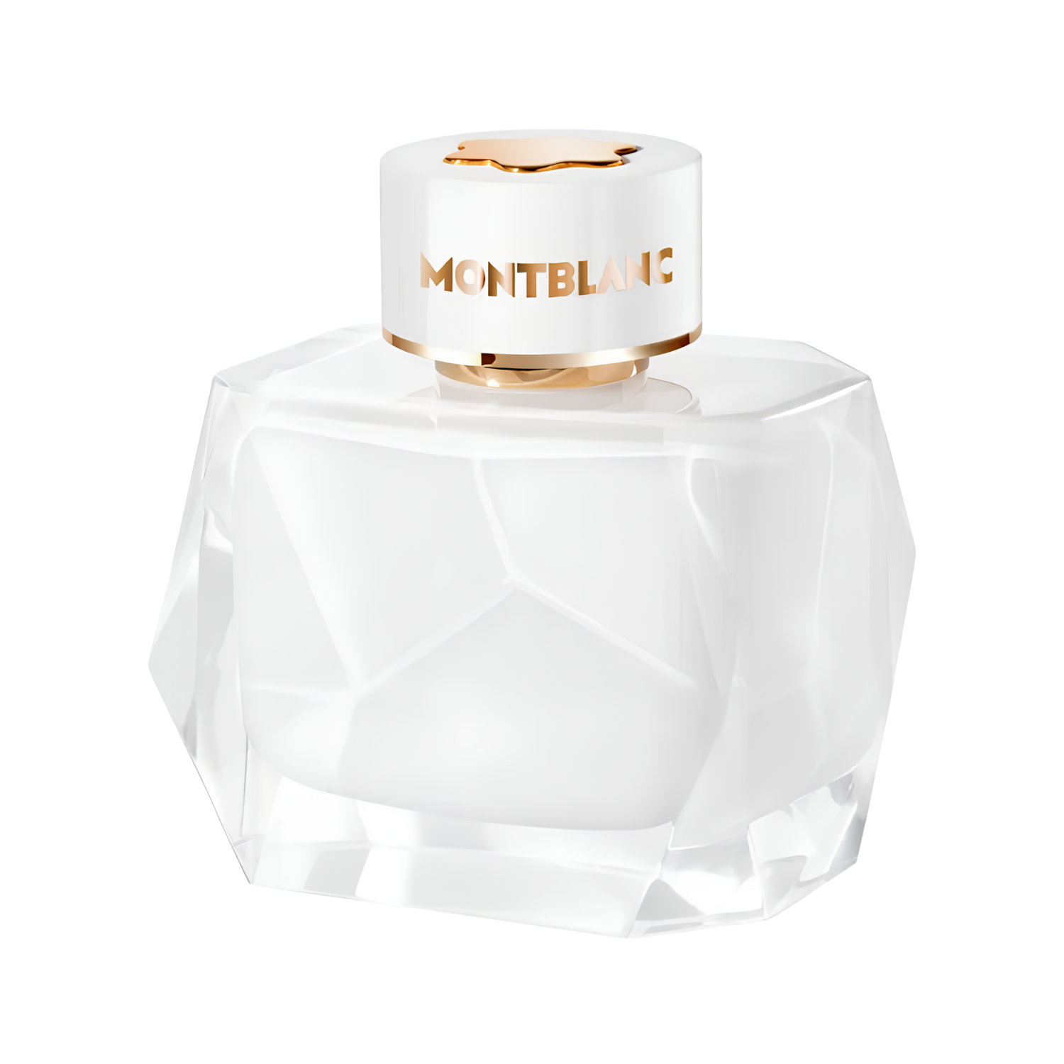 Frasco do perfume Montblanc Signature 90ml. O frasco tem design facetado translúcido com tampa branca e detalhes dourados.
